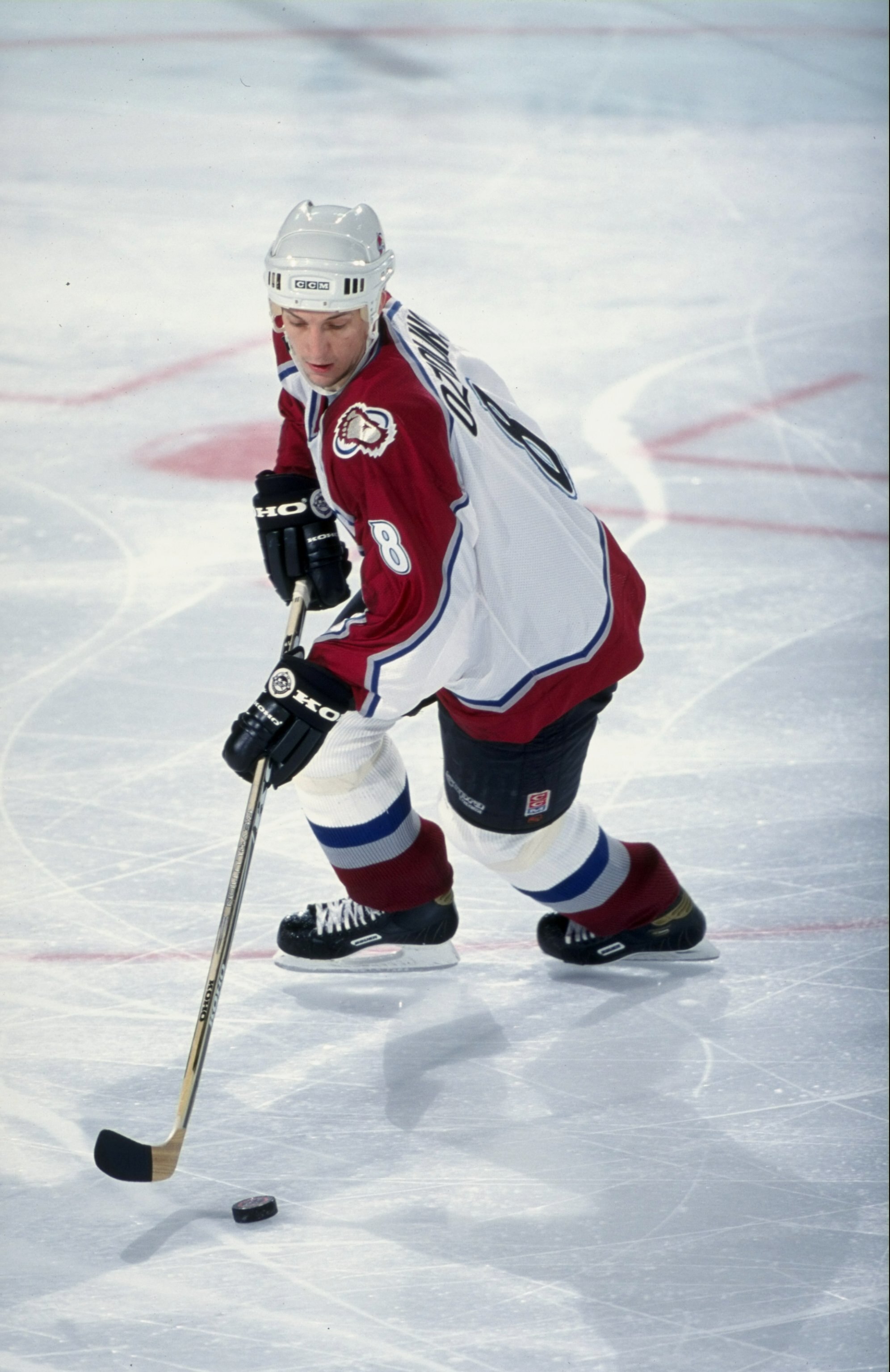 16 Jan 1999:  Sandis Ozolinsh #8 of the Colorado Avalanche in action during the game against the St. Louis Blues at the McNichols Arena in Denver, Colorado. The Avalanche defeated the Blues 3-0. Mandatory Credit: Brian Bahr  /Allsport