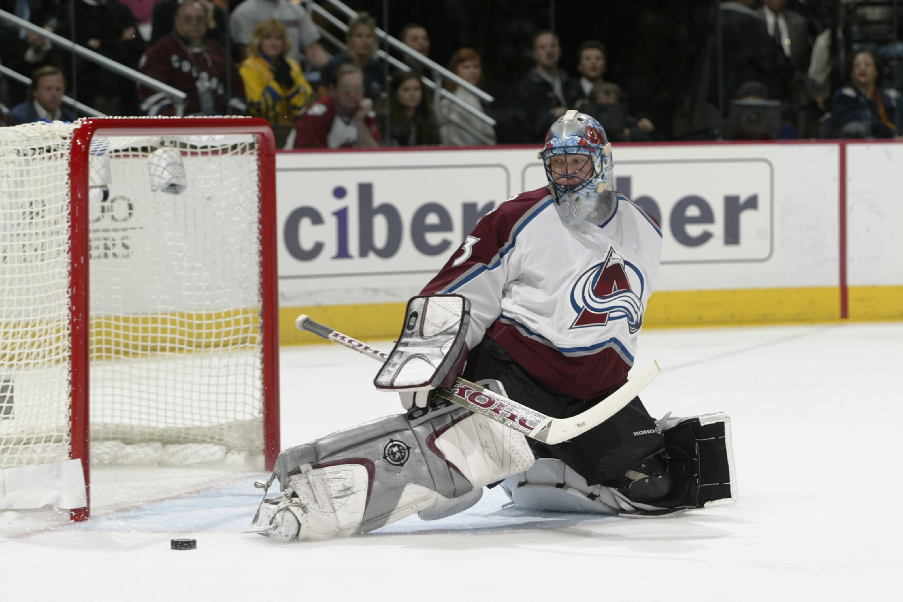 DENVER, CO - MAY 29:  Patrick Roy #35 of the Colorado Avalanche makes a toe save off a Detroit Red Wings shot during game six of the Western Conference finals of the Stanley Cup playoffs at the Pepsi Center in Denver, Colorado on May 29, 2002. Detroit won