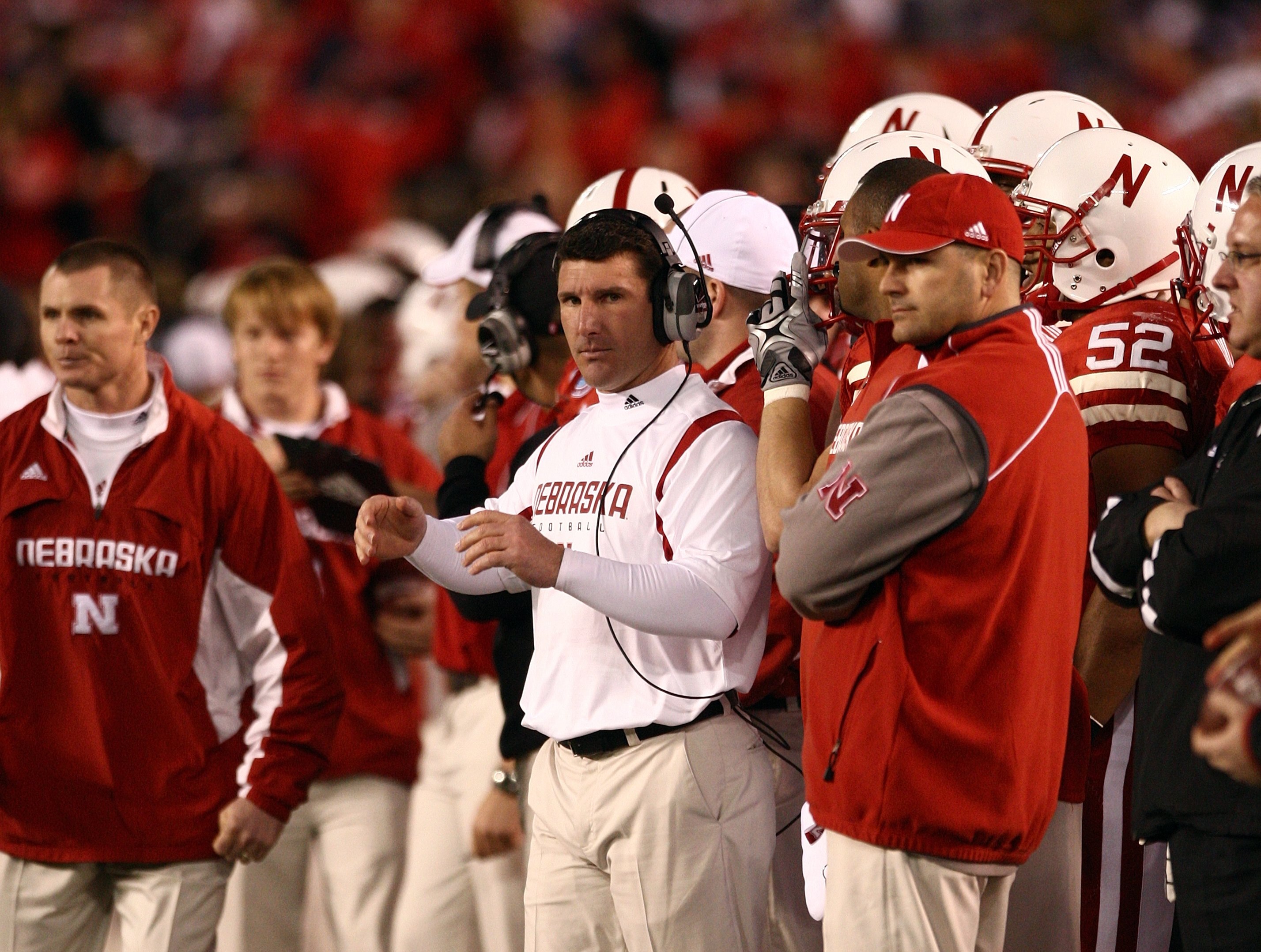 SAN DIEGO - DECEMBER 30:  Linebackers Coach Mike Ekeler of the University of Nebraska Cornhuskers looks on from the sideline during the Pacific Life Holiday Bowl against University of Arizona Wildcats on December 30, 2009 at Qualcomm Stadium in San Diego,