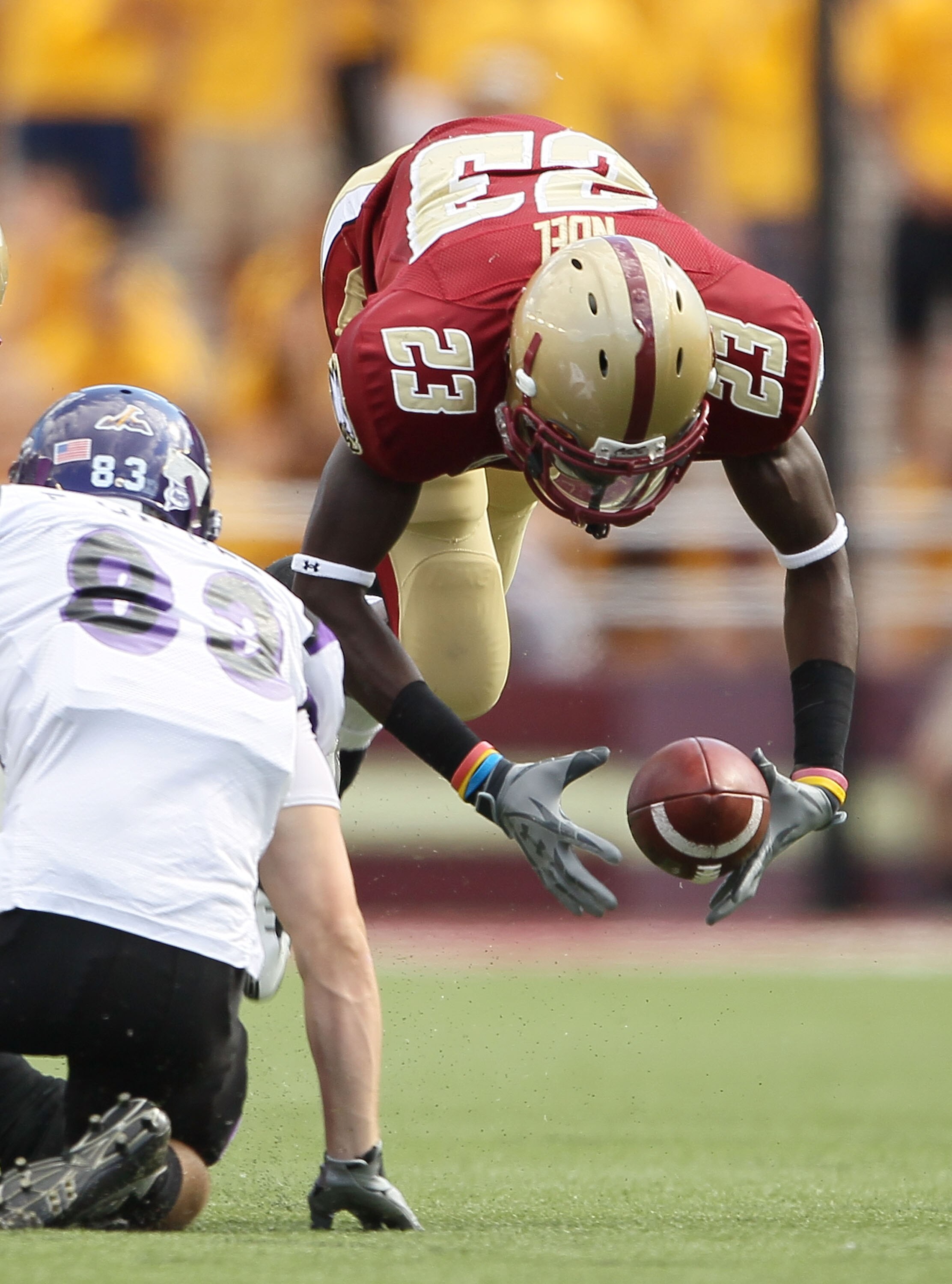 CHESTNUT HILL, MA - SEPTEMBER 04: Jim Noel #23 of the Boston College Eagles nearly intercepts a pass intended for Erik Walker #83 of the Weber State Wildcats on September 4, 2010 at Alumni Stadium in Chestnut Hill, Massachusetts. Boston College defeated CHESTNUT HILL, MA - SEPTEMBER 04: Jim Noel #23 of the Boston College Eagles nearly intercepts a pass intended for Erik Walker #83 of the Weber State Wildcats on September 4, 2010 at Alumni Stadium in Chestnut Hill, Massachusetts. Boston College defeated