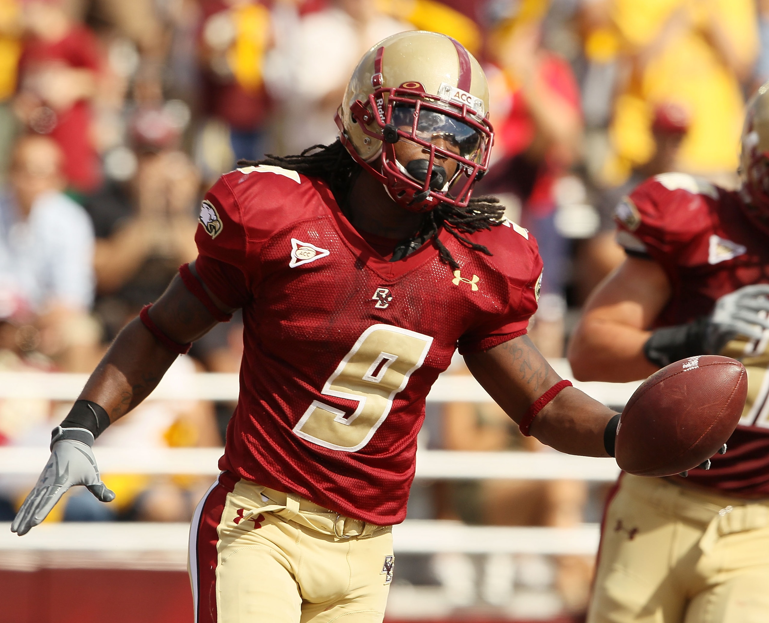 CHESTNUT HILL, MA - SEPTEMBER 04:  DeLeon Gause #9 of the Boston College Eagles celebrates after he intercepted the ball and ran it in for a touchdown in the third quarter against the Weber State Wildcats on September 4, 2010 at Alumni Stadium in Chestnut