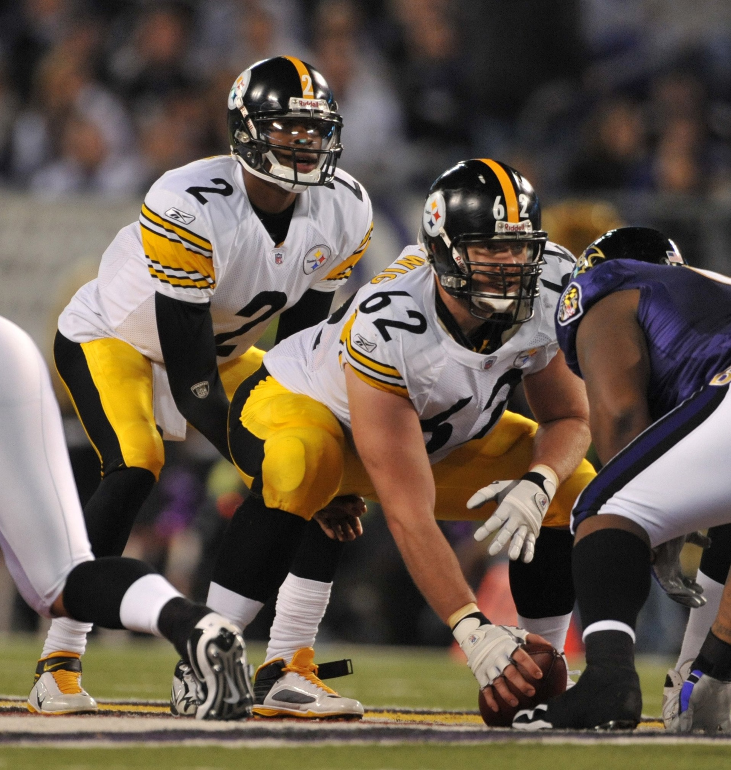 BALTIMORE - NOVEMBER 29: Justin Hartwig #62 of the Pittsburgh Steelers prepares to snap the ball before a play against the Baltimore Ravens at M&T Bank Stadium on November 29, 2009 in Baltimore, Maryland. The Ravens defeated the Steelers 20-17. (Photo b BALTIMORE - NOVEMBER 29: Justin Hartwig #62 of the Pittsburgh Steelers prepares to snap the ball before a play against the Baltimore Ravens at M&T Bank Stadium on November 29, 2009 in Baltimore, Maryland. The Ravens defeated the Steelers 20-17. (Photo b