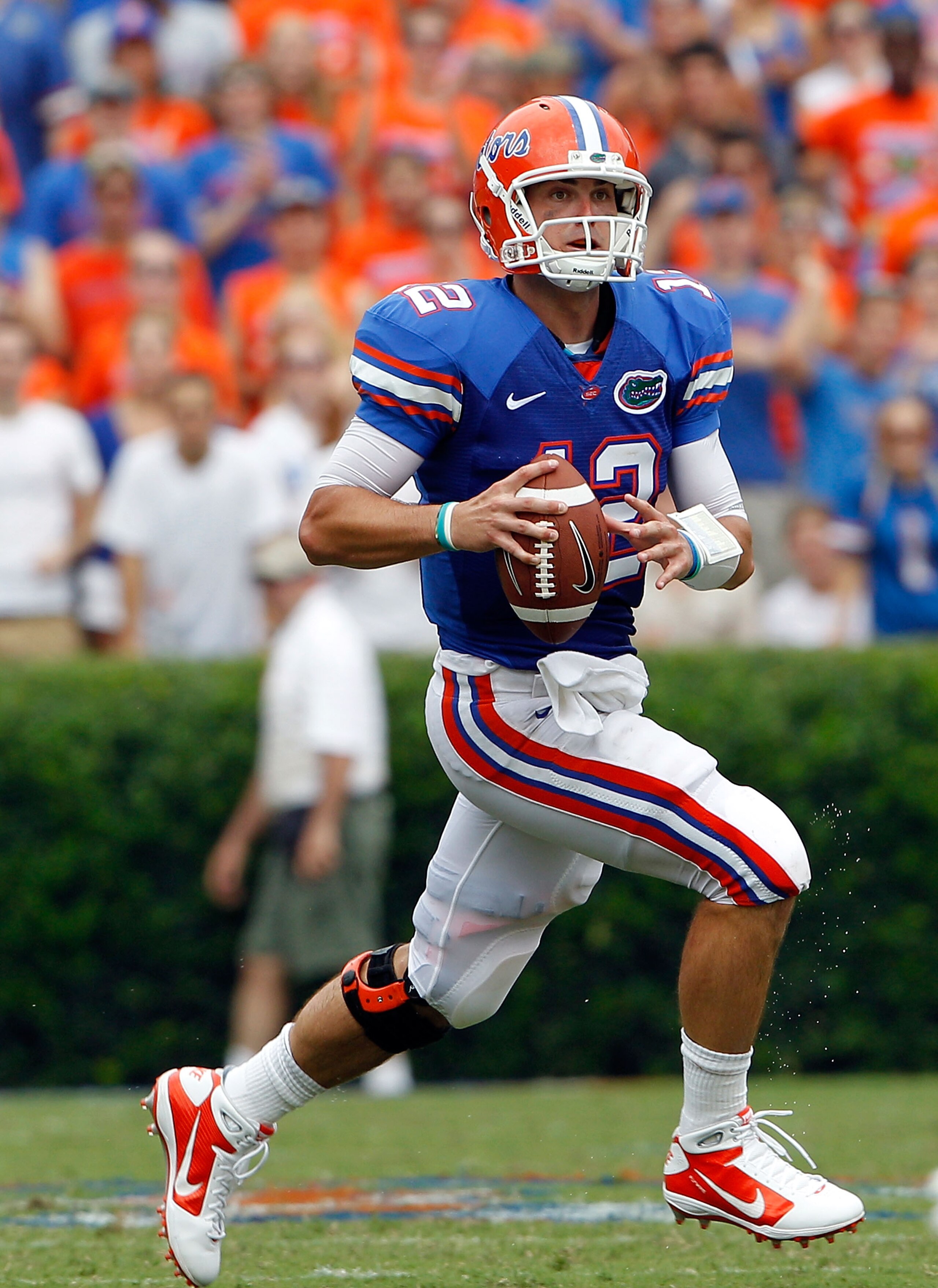 GAINESVILLE, FL - SEPTEMBER 04:  Quarterback John Brantley #12 of the Florida Gators attempts a pass against the Miami University RedHawks at Ben Hill Griffin Stadium on September 4, 2010 in Gainesville, Florida. Florida beat Miami 34-12.  (Photo by Sam G