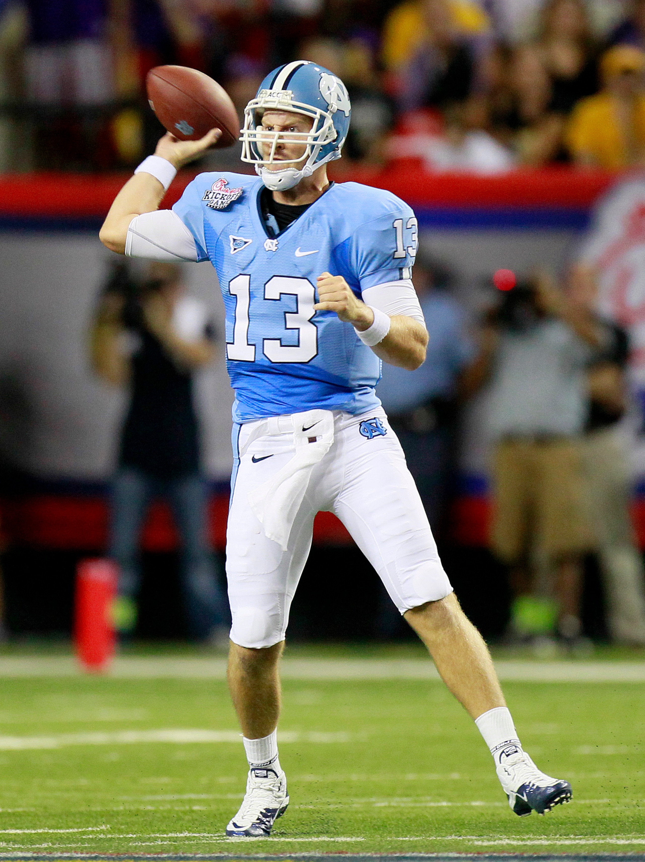 ATLANTA - SEPTEMBER 4: Quarterback T.J. Yates of the North Carolina Tar Heels looks to pass against the LSU Tigers at the Georgia Dome September 4, 2010 in Atlanta, Georgia.  (Photo by Kevin C. Cox/Getty Images)