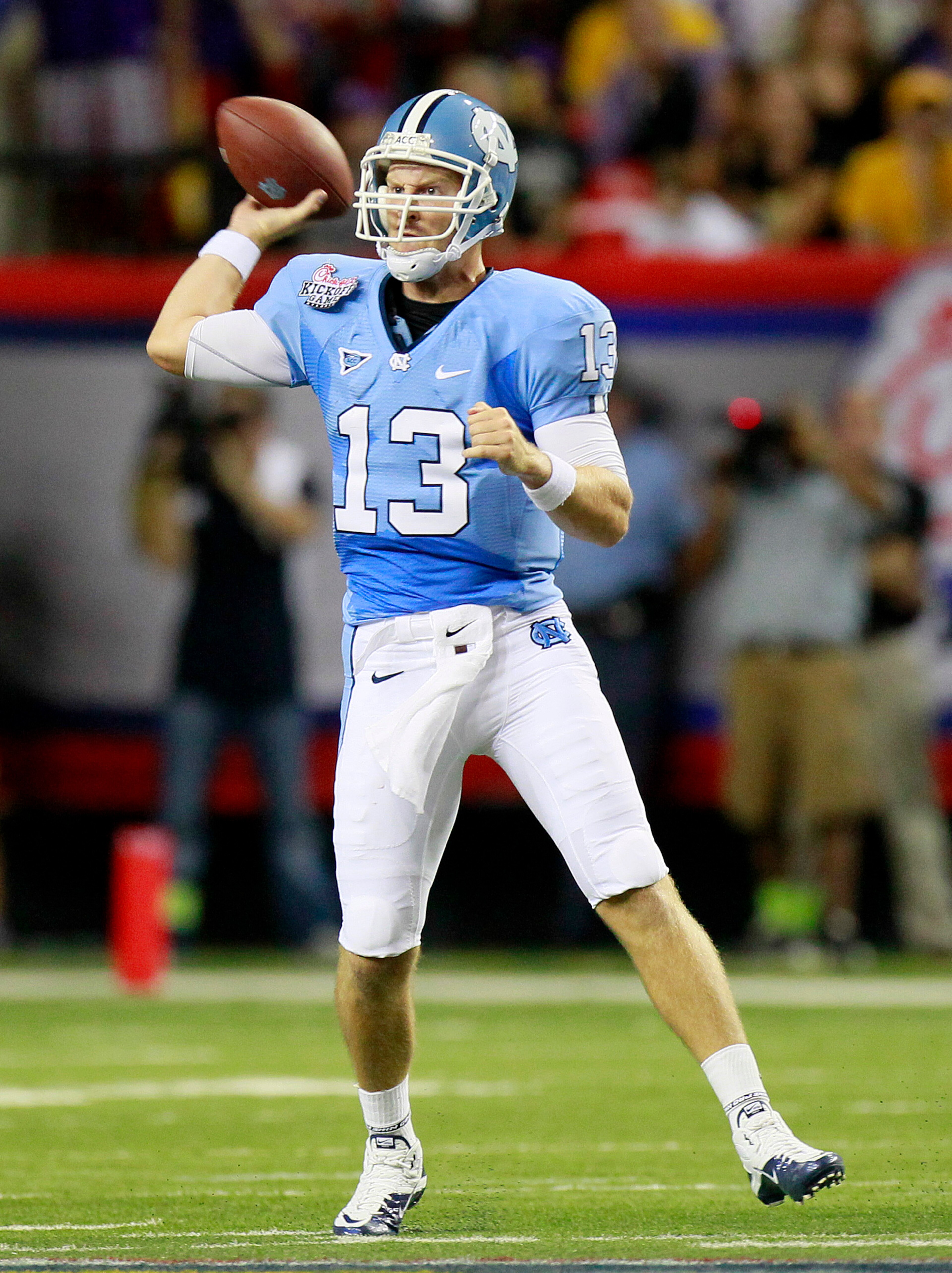 ATLANTA - SEPTEMBER 4: Quarterback T.J. Yates of the North Carolina Tar Heels looks to pass against the LSU Tigers at the Georgia Dome September 4, 2010 in Atlanta, Georgia. (Photo by Kevin C. Cox/Getty Images) ATLANTA - SEPTEMBER 4: Quarterback T.J. Yates of the North Carolina Tar Heels looks to pass against the LSU Tigers at the Georgia Dome September 4, 2010 in Atlanta, Georgia. (Photo by Kevin C. Cox/Getty Images)