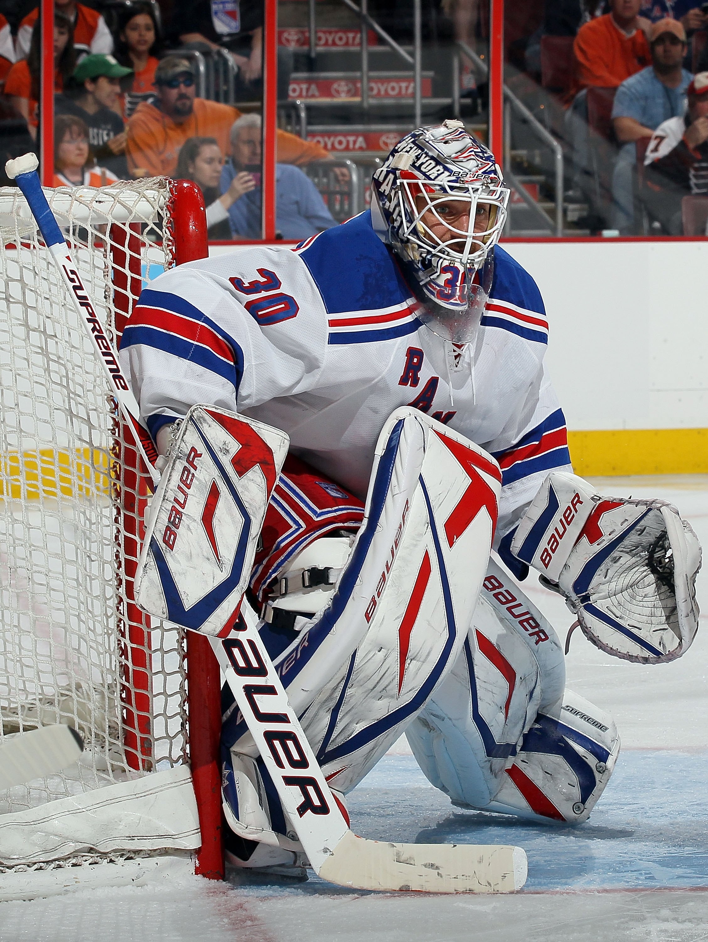 PHILADELPHIA - APRIL 11:  Henrik Lundqvist #30 of the New York Rangers defends against the Philadelphia Flyers on April 11, 2010 at Wachovia Center in Philadelphia, Pennsylvania.  (Photo by Jim McIsaac/Getty Images)