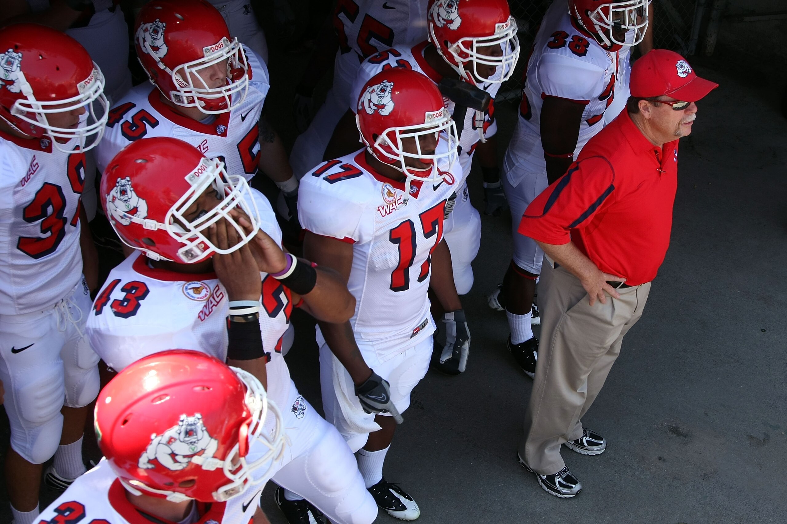 PASADENA, CA - SEPTEMBER 27: Head coach Pat Hill and the Frenso State Bulldogs prepare to take on the UCLA Bruins on September 27, 2008 at the Rose Bowl in Pasadena, California. (Photo by Stephen Dunn/Getty Images) PASADENA, CA - SEPTEMBER 27: Head coach Pat Hill and the Frenso State Bulldogs prepare to take on the UCLA Bruins on September 27, 2008 at the Rose Bowl in Pasadena, California. (Photo by Stephen Dunn/Getty Images)