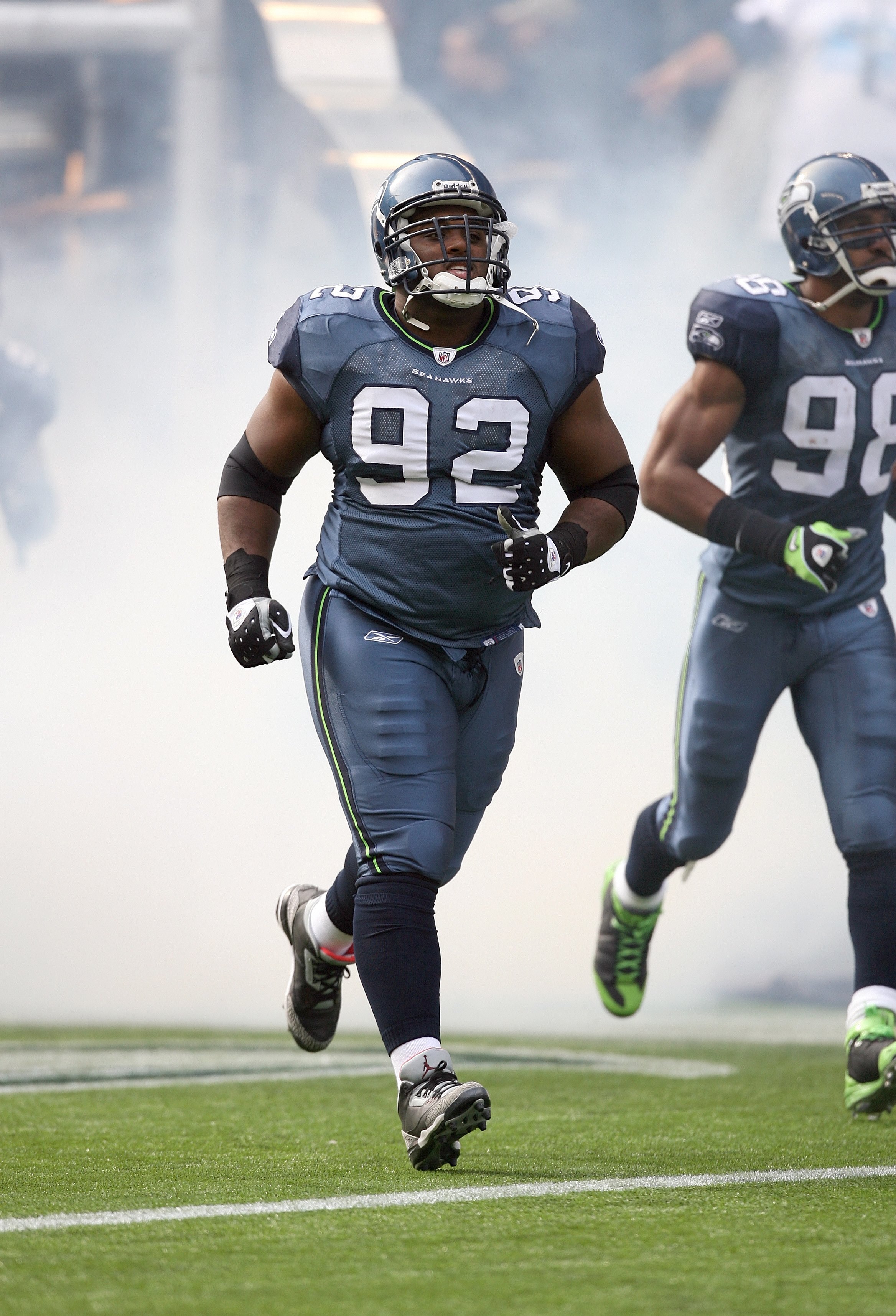 SEATTLE - OCTOBER 12:  Brandon Mebane #92 of the Seattle Seahawks jogs out onto the field prior to the game against the Green Bay Packers on October 12, 2008 at Qwest Field in Seattle, Washington. The Packers defeated the Seahawks 27-17. (Photo by Otto Gr