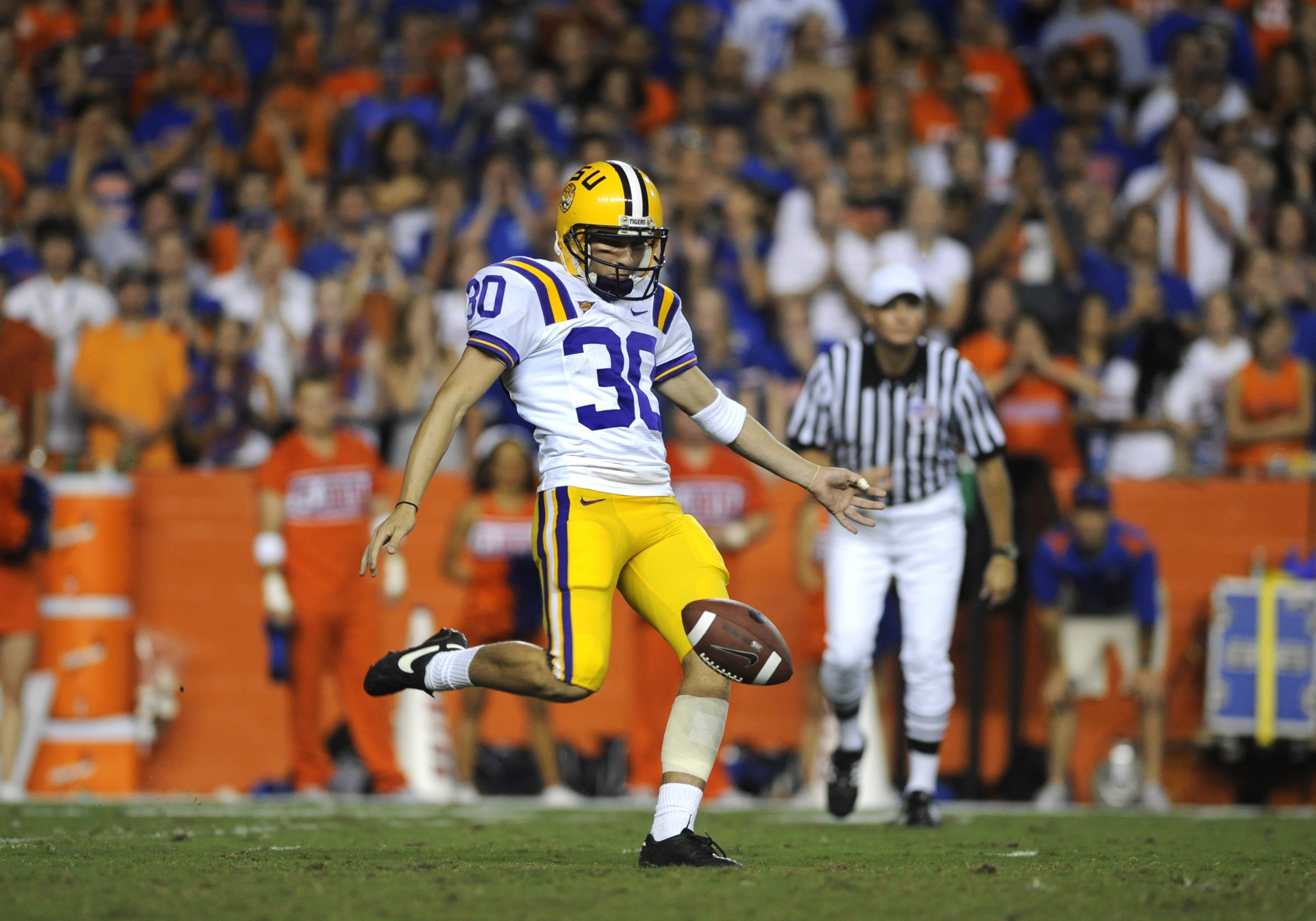 GAINESVILLE, FL - OCTOBER 11: Punter Josh Jasper #30 of the LSU Tigers kicks against the Florida Gators at Ben Hill Griffin Stadium on October 11, 2008 in Gainesville, Florida.  (Photo by Al Messerschmidt/Getty Images)