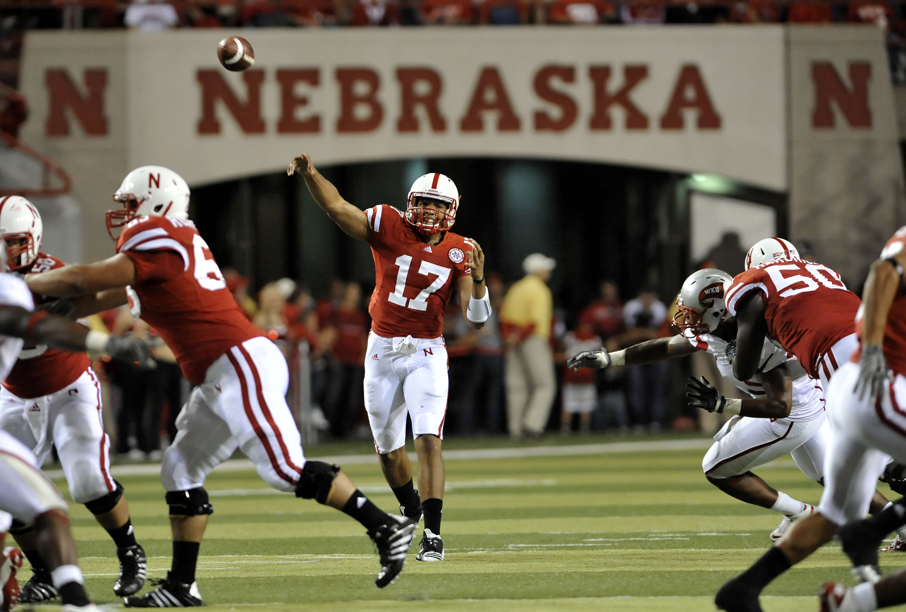 LINCOLN, NE - SEPTEMBER 04:  Cody Green #17 of the Nebraska Cornhuskers passes the ball down field against the Western Kentucky Hilltoppers during second half action at Memorial Stadium on September 4, 2010 in Lincoln, Nebraska.  (Photo by Eric Francis/Ge