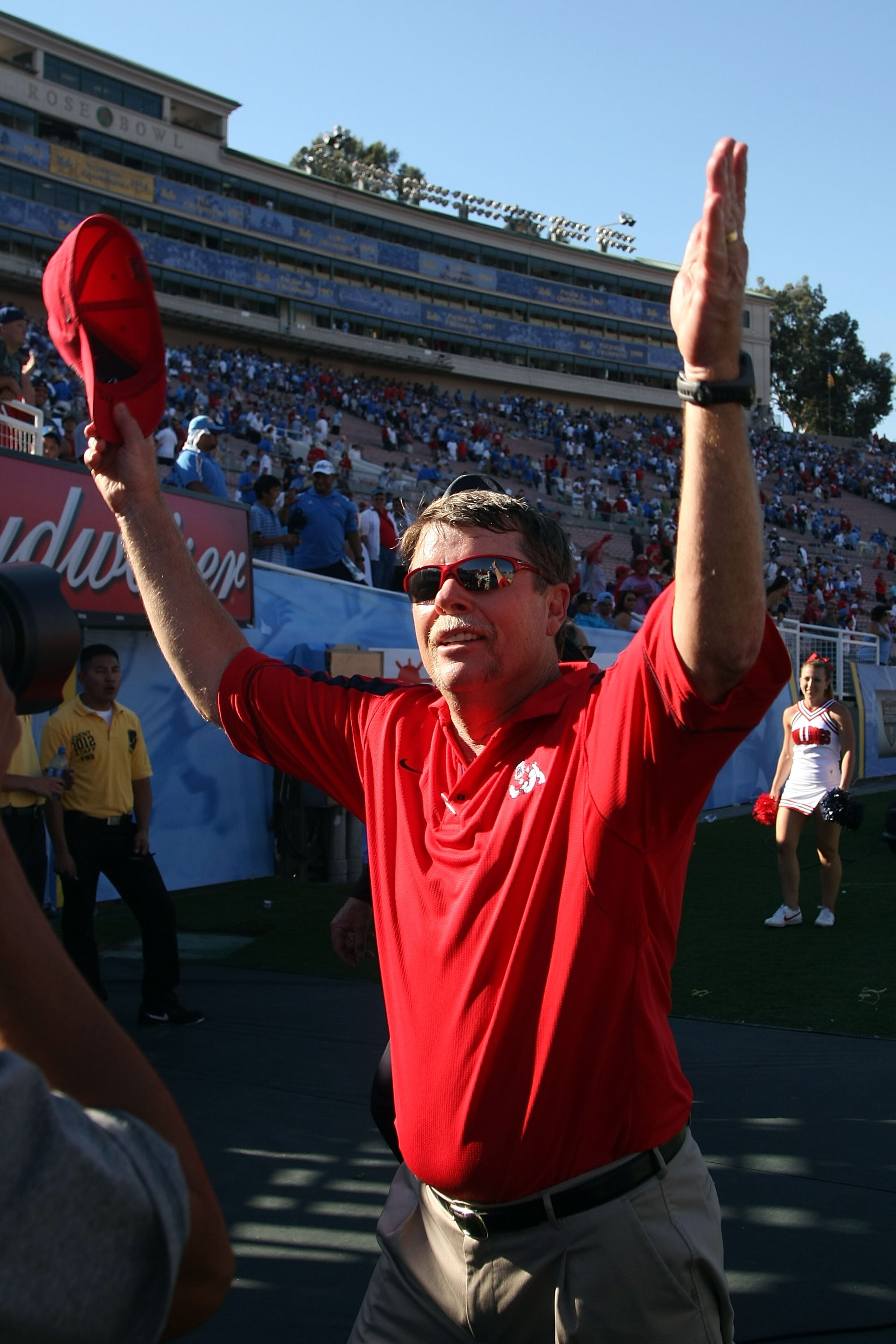 PASADENA, CA - SEPTEMBER 27: Head coach Pat Hill of the Frenso State Bulldogs celebrates after defearing the UCLA Bruins on September 27, 2008 at the Rose Bowl in Pasadena, California. (Photo by Stephen Dunn/Getty Images) PASADENA, CA - SEPTEMBER 27: Head coach Pat Hill of the Frenso State Bulldogs celebrates after defearing the UCLA Bruins on September 27, 2008 at the Rose Bowl in Pasadena, California. (Photo by Stephen Dunn/Getty Images)
