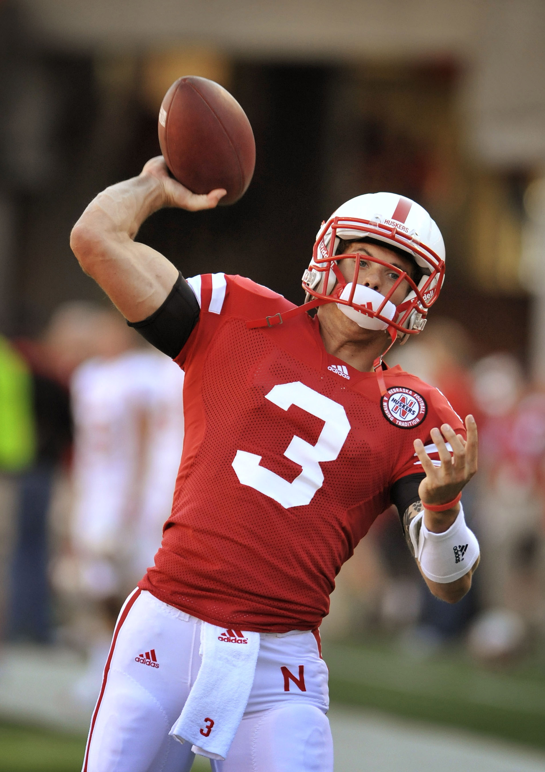 LINCOLN, NE - SEPTEMBER 04:  Taylor Matinez #3 of the Nebraska Cornhuskers warms up before their game against Western Kentucky Hilltoppers at Memorial Stadium on September 4, 2010 in Lincoln, Nebraska.  (Photo by Eric Francis/Getty Images)