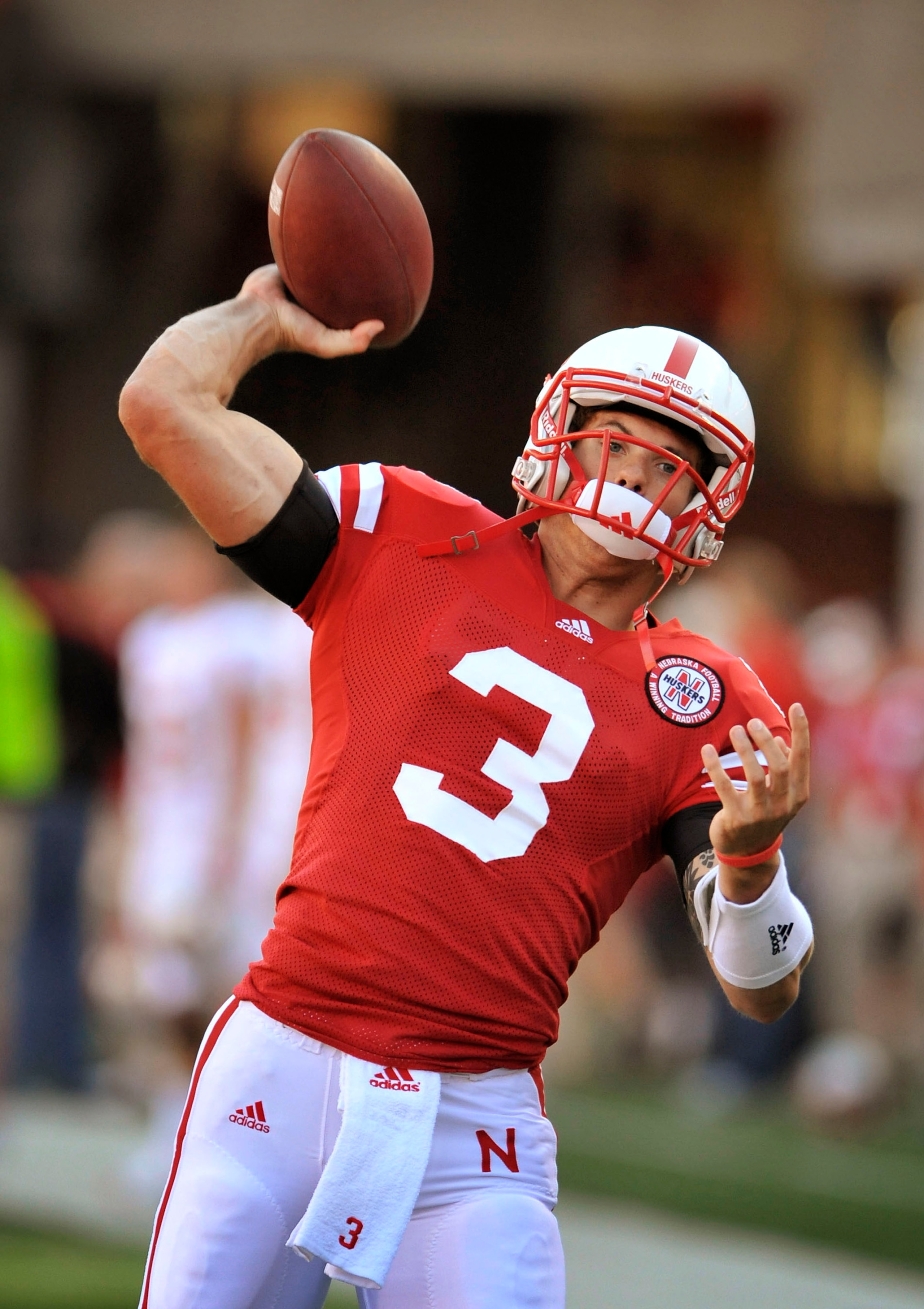 LINCOLN, NE - SEPTEMBER 04:  Taylor Matinez #3 of the Nebraska Cornhuskers warms up before their game against Western Kentucky Hilltoppers at Memorial Stadium on September 4, 2010 in Lincoln, Nebraska.  (Photo by Eric Francis/Getty Images)