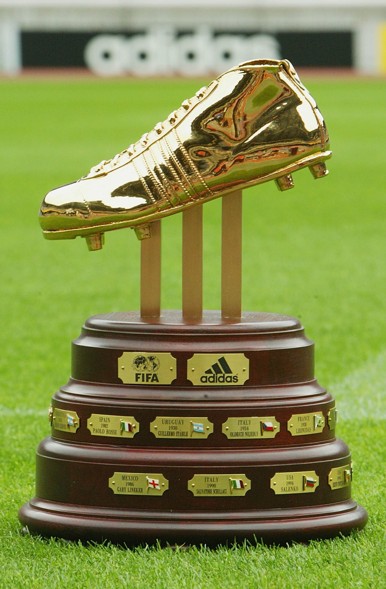 YOKOHAMA - JUNE 24:  Adidas Golden Boot Award which is presented to the highest goalscorer in the World Cup pictured in the Yokohama stadium, Japan on June 24, 2002. (Photo by Alex Livesey/Getty Images)