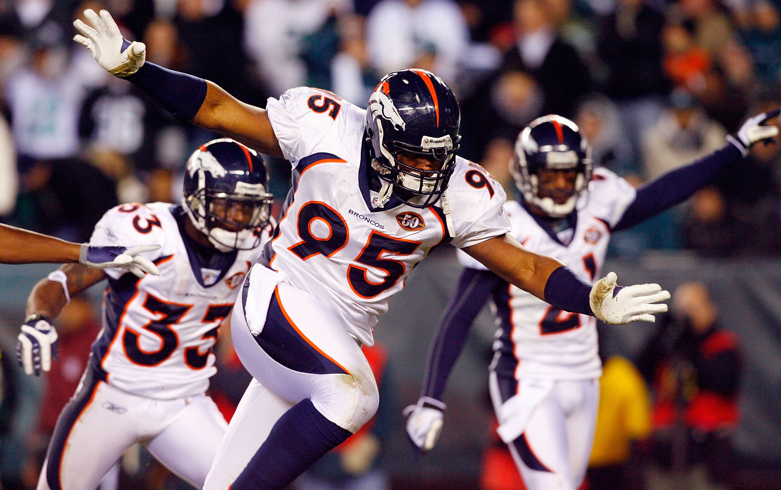 PHILADELPHIA - DECEMBER 27:  Darrell Reid #95 of the Denver Broncos celebrates after his team recovered a fumble against the Philadelphia Eagles on December 27, 2009 at Lincoln Financial Field in Philadelphia, Pennsylvania. The Eagles defeated the Broncos