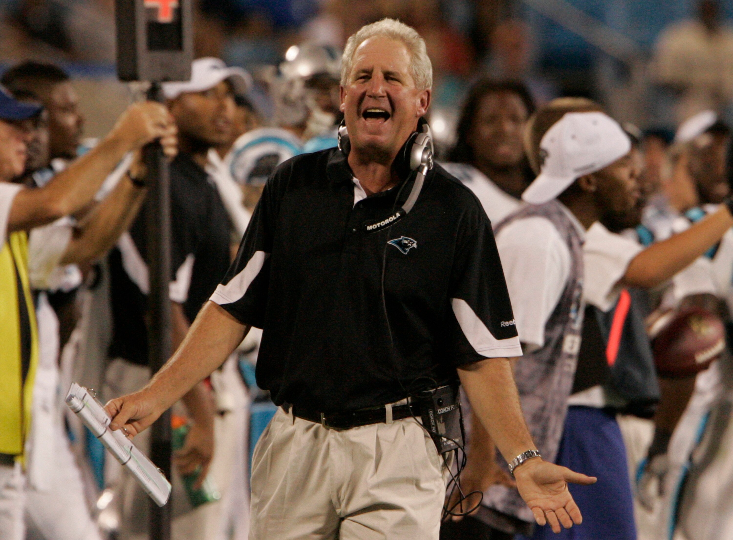 CHARLOTTE, NC - AUGUST 21: Head coach John Fox of the Carolina Panthers reacts to a call during a preseason game against the New York Jets at Bank of America Stadium on August 21, 2010 in Charlotte, North Carolina. (Photo by Mary Ann Chastain/Getty Images