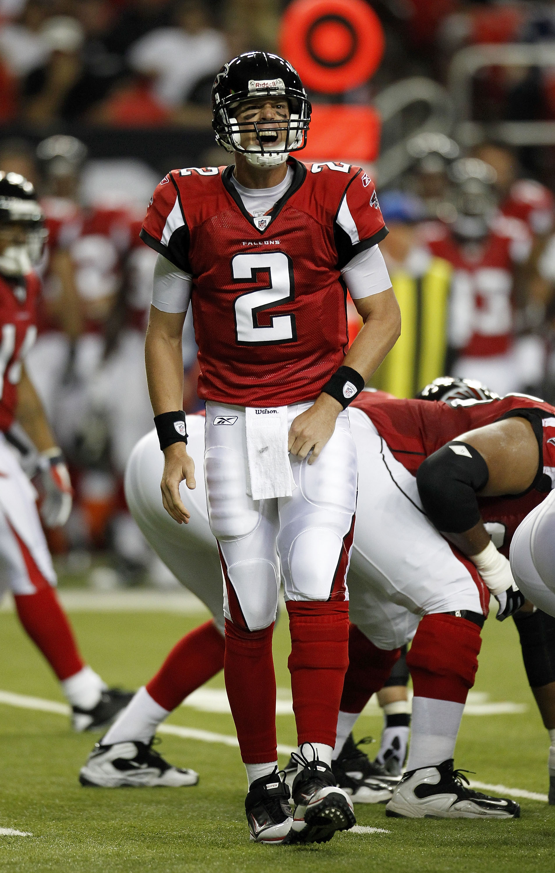 ATLANTA - AUGUST 19:  Quarterback Matt Ryan #2 of the Atlanta Falcons yells an audible during the preseason game against the New England Patriots at the Georgia Dome on August 19, 2010 in Atlanta, Georgia.  (Photo by Mike Zarrilli/Getty Images)