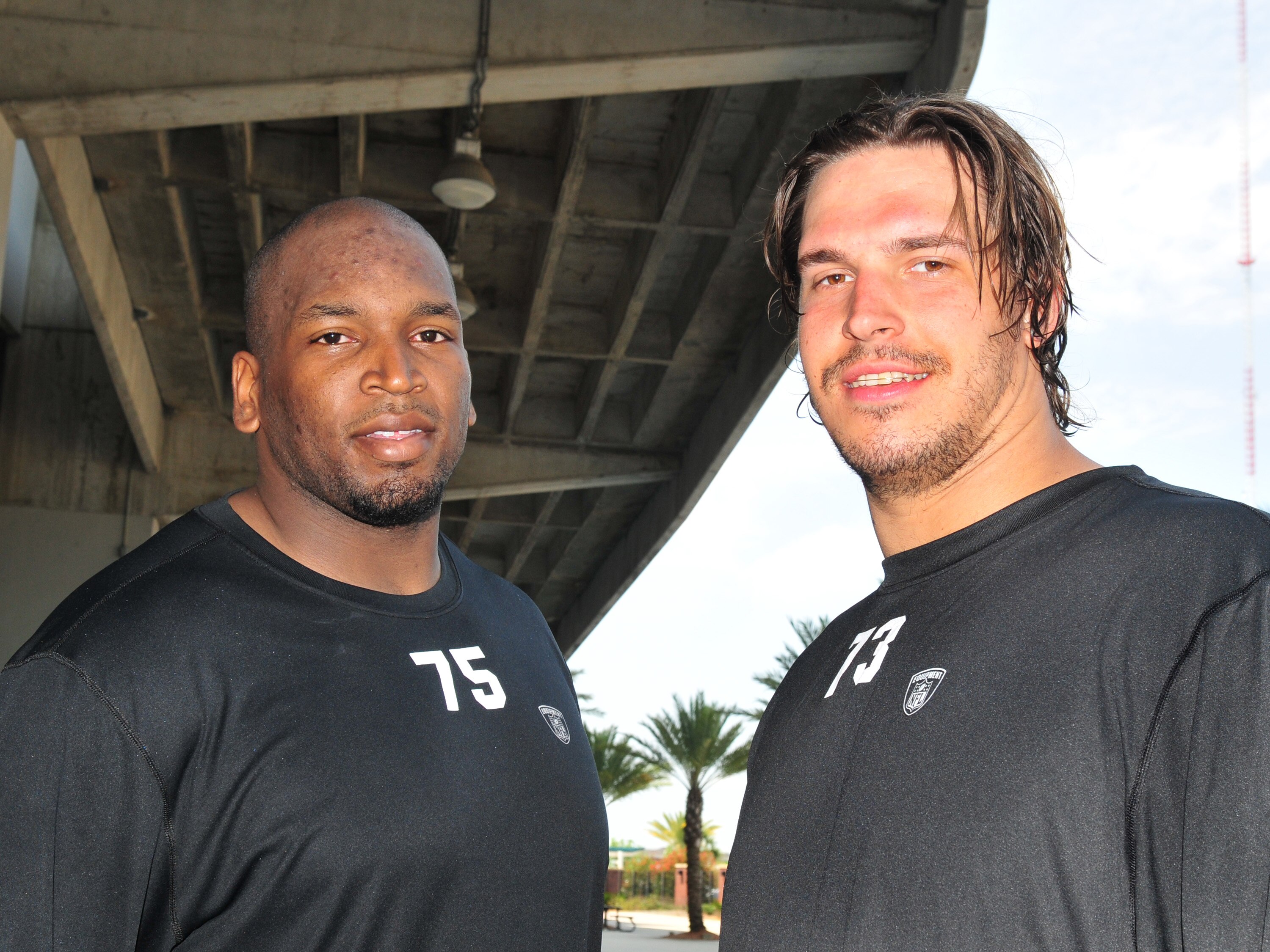 JACKSONVILLE, FL - MAY 1:  Tackles Eugene Monroe #75 and Eben Britton #73 of the Jacksonville Jaguars team up May 1, 2009 at a team minicamp near Jacksonville Municipal Stadium in Jacksonville, Florida.  Monroe and Britton were the team's top two draft pi