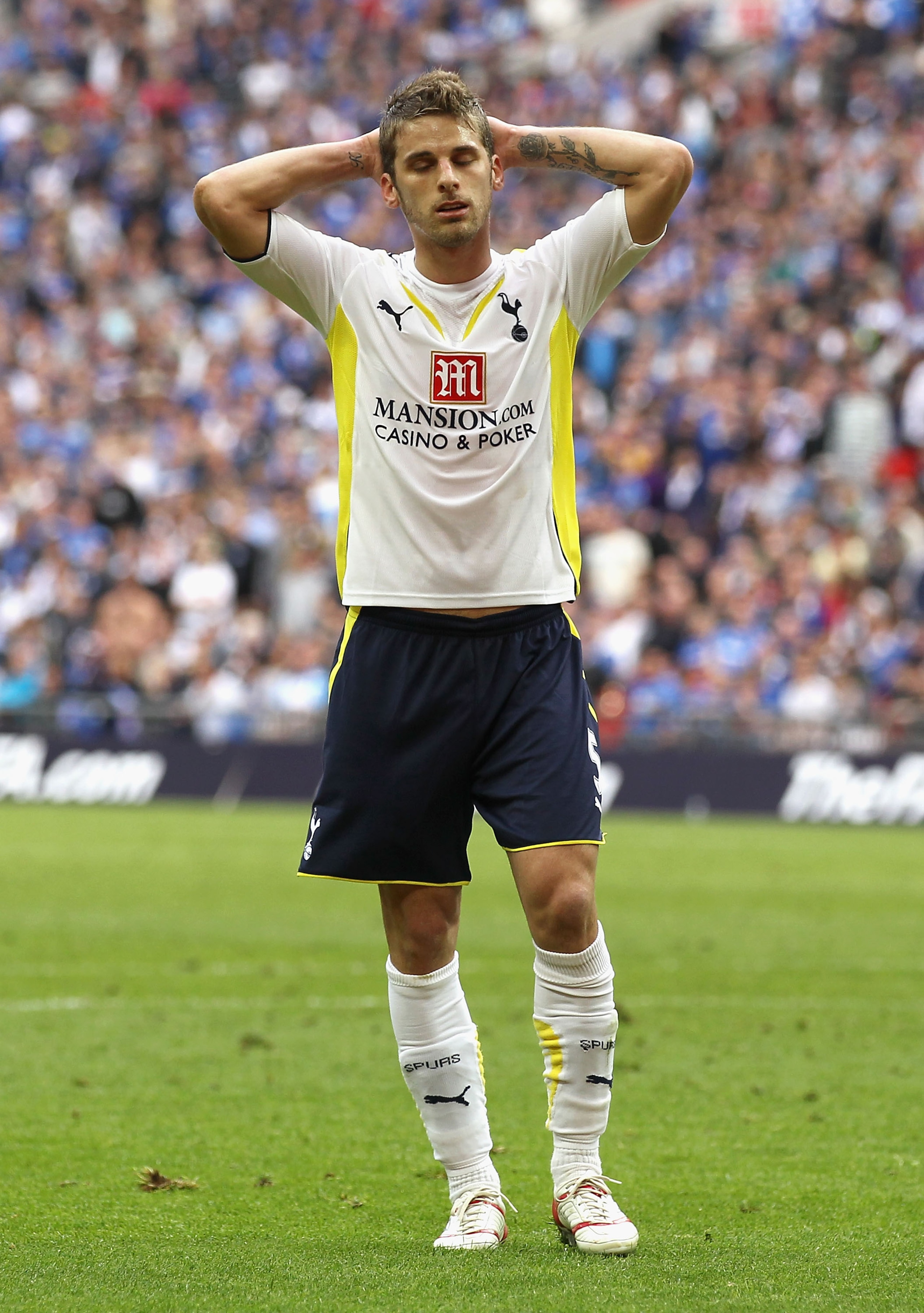 LONDON, ENGLAND - APRIL 11:  David Bentley of Tottenham Hotspur holds his head during the FA Cup sponsored by E.ON Semi Final match between Tottenham Hotspur and Portsmouth at Wembley Stadium on April 11, 2010 in London, England.  (Photo by Clive Rose/Get