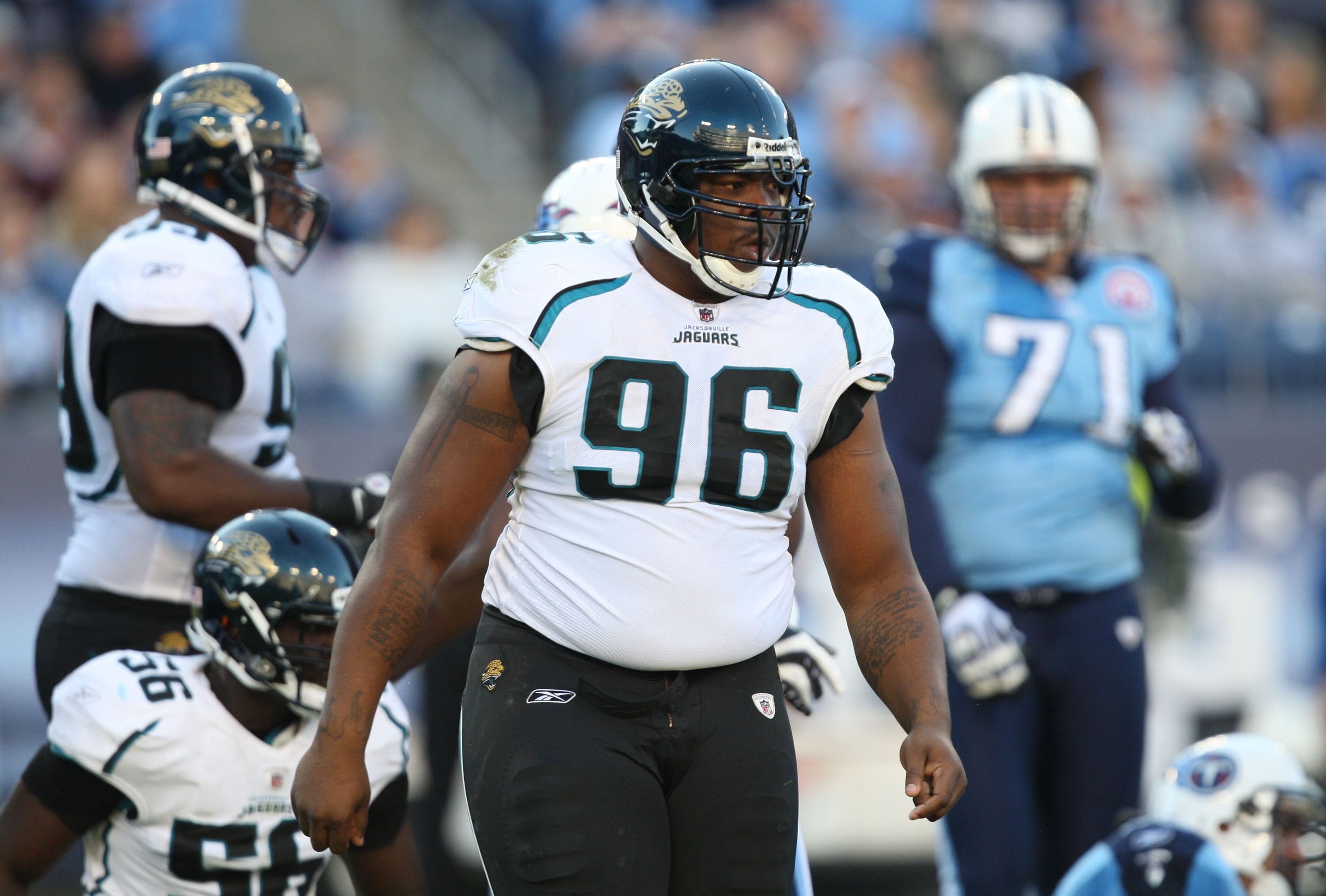 NASHVILLE, TN - NOVEMBER 1:  Terrance Knighton #96 of the Jacksonville Jaguars looks on during the game against the Tennessee Titans during the game at LP Field on November 1, 2009 in Nashville, Tennessee. (Photo by Streeter Lecka/Getty Images)