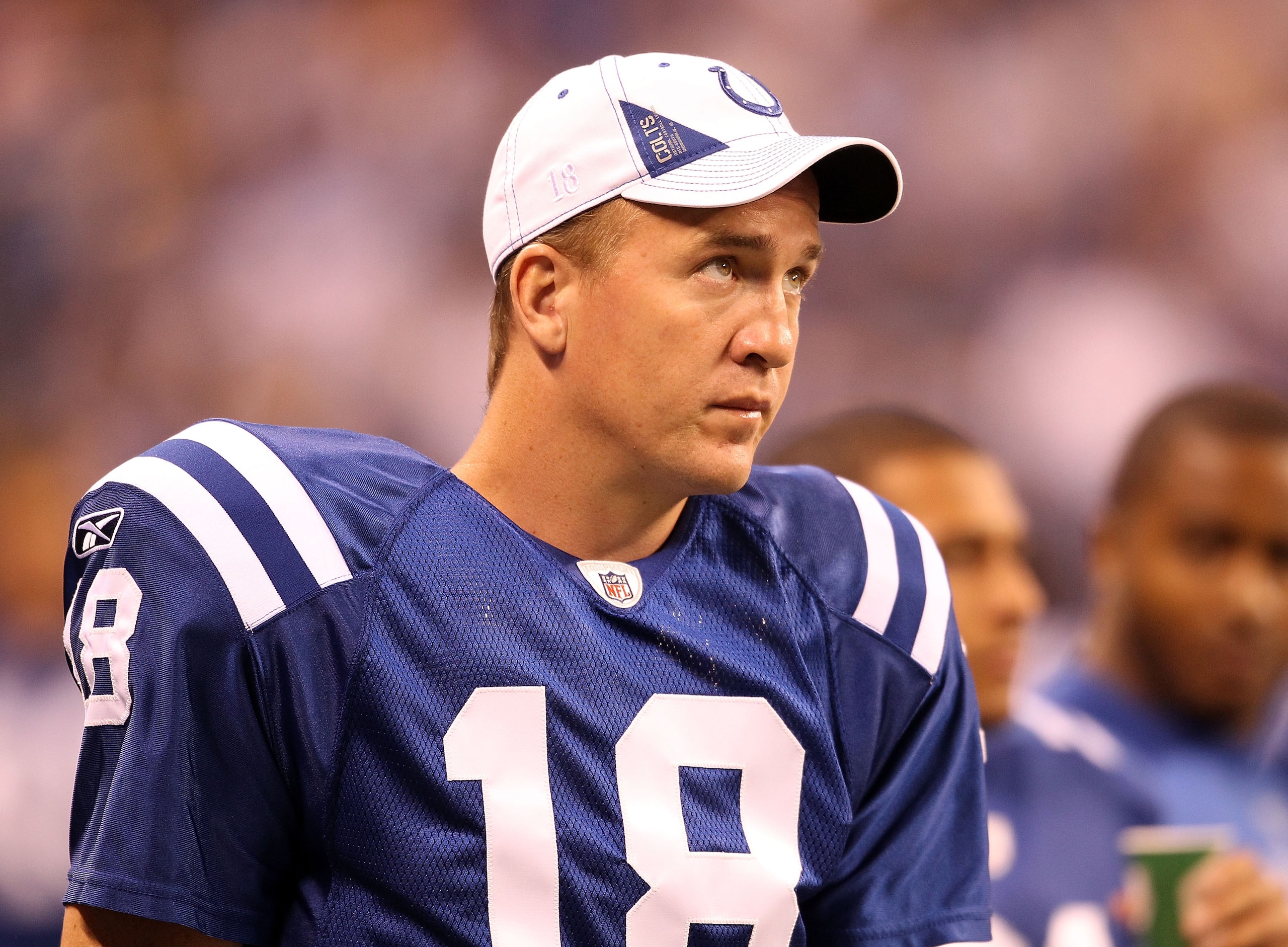 INDIANAPOLIS - SEPTEMBER 02:  Peyton Manning #18 of the Indianapolis Colts watches from the sidelines during the NFL preseason game against the Cincinnati Bengals at Lucas Oil Stadium on September 2, 2010 in Indianapolis, Indiana.  (Photo by Andy Lyons/Ge