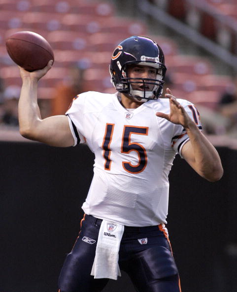 CLEVELAND - SEPTEMBER 2: Dan LeFevour #15 of the Chicago Bears warms up before the preseason game against the Cleveland Browns on September 2, 2010 at Cleveland Browns Stadium in Cleveland, Ohio. The Browns defeated the Bears 13-10. (Photo by Justin K. Al