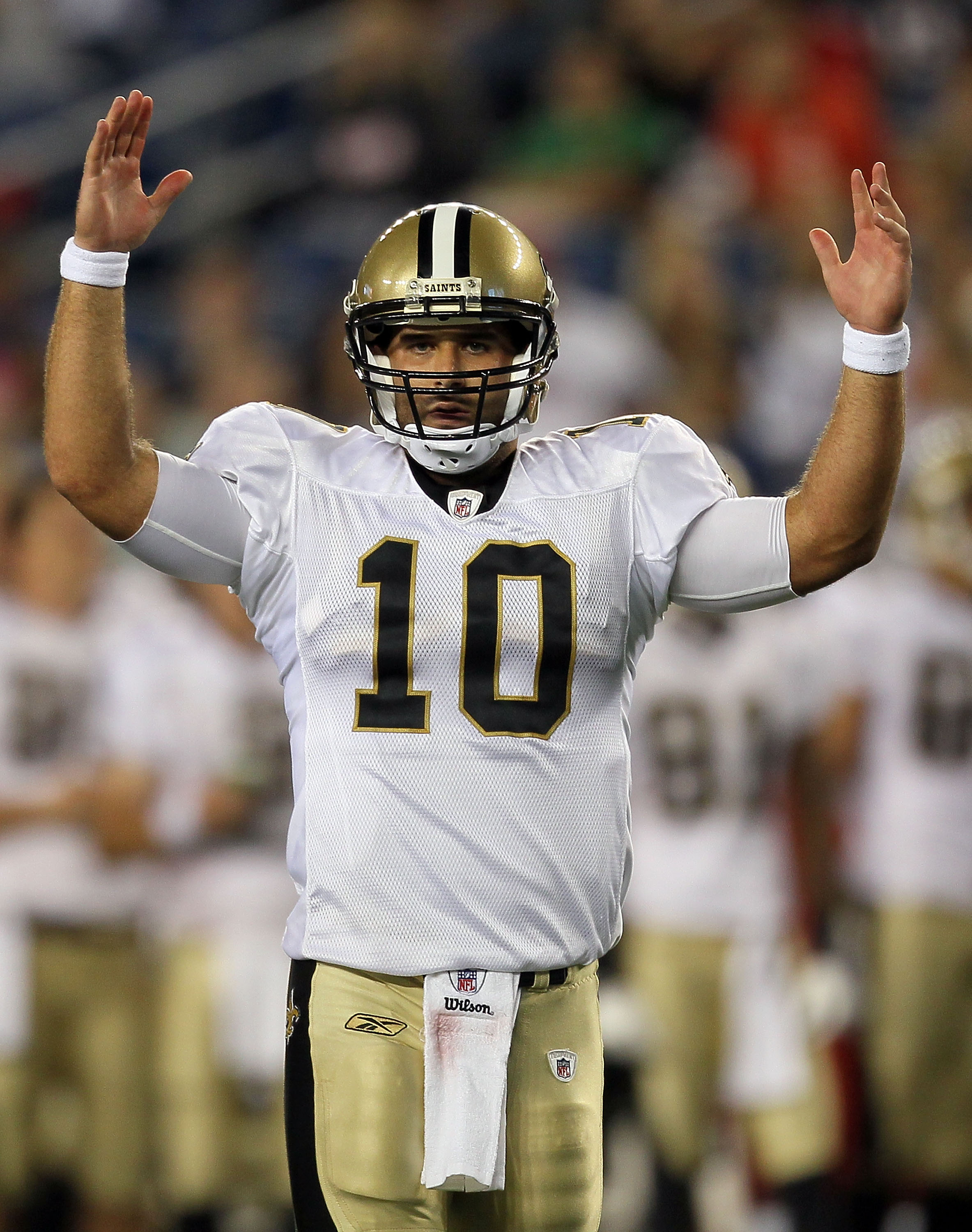 FOXBORO, MA - AUGUST 12: Chase Daniel # 10 of the New Orleans Saints reacts in the second half of the the preseason game against the New England Patriots at Gillette Stadium on August 12, 2010 in Foxboro, Massachusetts. (Photo by Jim Rogash/Getty Images)
