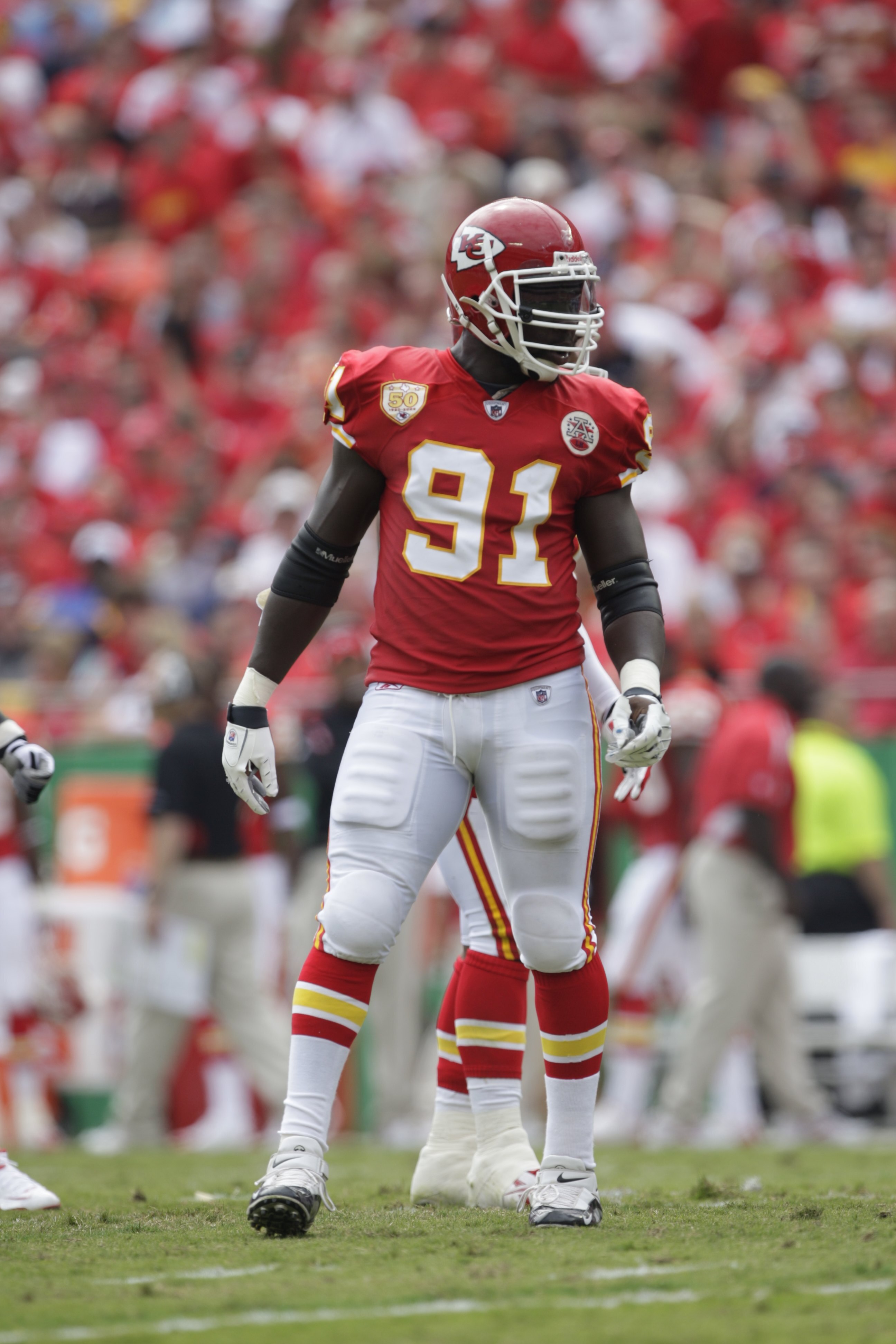 KANSAS CITY, MO - SEPTEMBER 20: Tamba Hali #91 of the Kansas City Chiefs looks on during the game against the Oakland Raiders at Arrowhead Stadium on September 20, 2009 in Kansas City, Missouri. (Photo by Jamie Squire/Getty Images) KANSAS CITY, MO - SEPTEMBER 20: Tamba Hali #91 of the Kansas City Chiefs looks on during the game against the Oakland Raiders at Arrowhead Stadium on September 20, 2009 in Kansas City, Missouri. (Photo by Jamie Squire/Getty Images)