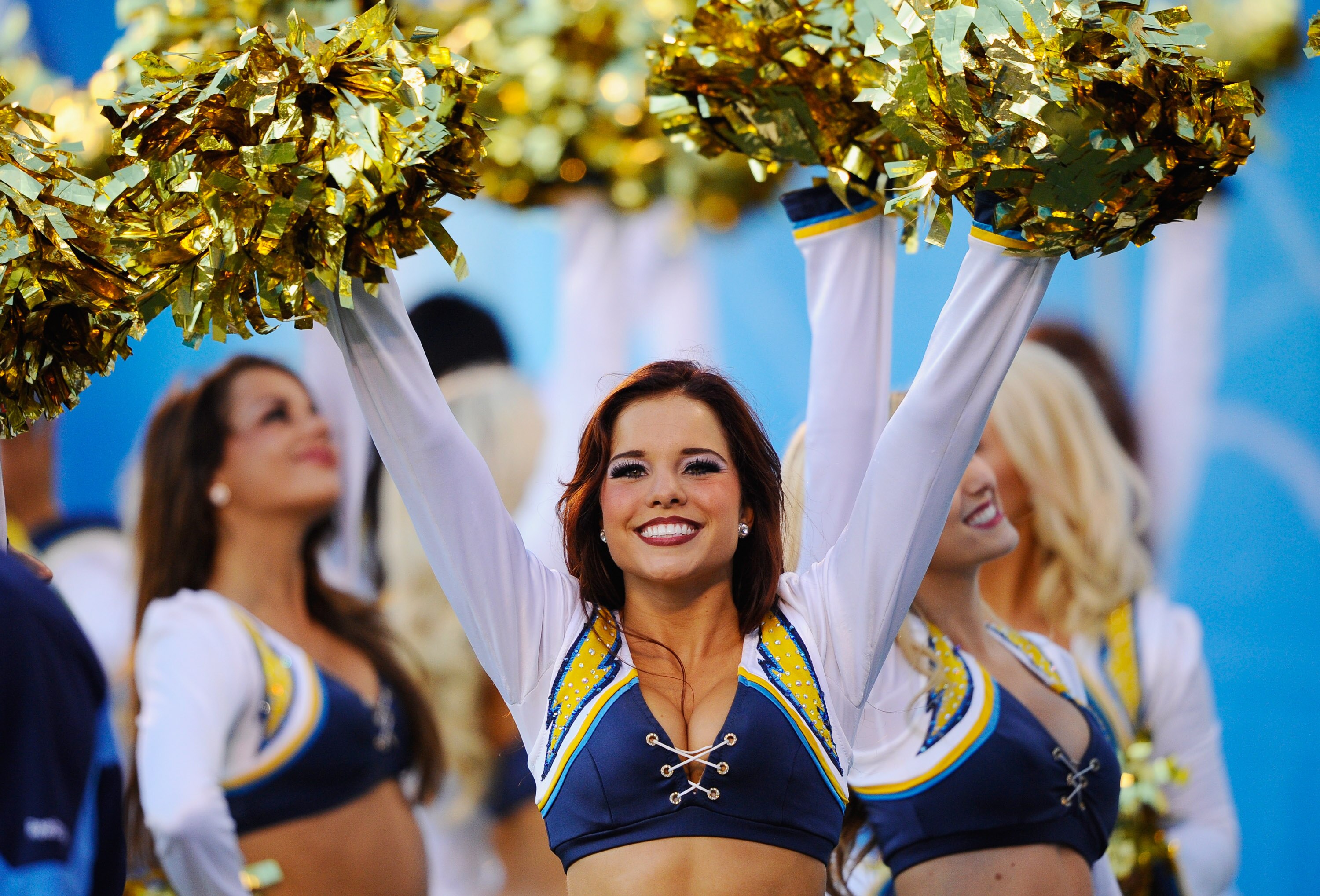 SAN DIEGO - AUGUST 21:  San Diego Chargers cheerleaders during the pre-season NFL football game against Dallas Cowboys at Qualcomm Stadium on August 21, 2010 in San Diego, California.  (Photo by Kevork Djansezian/Getty Images)