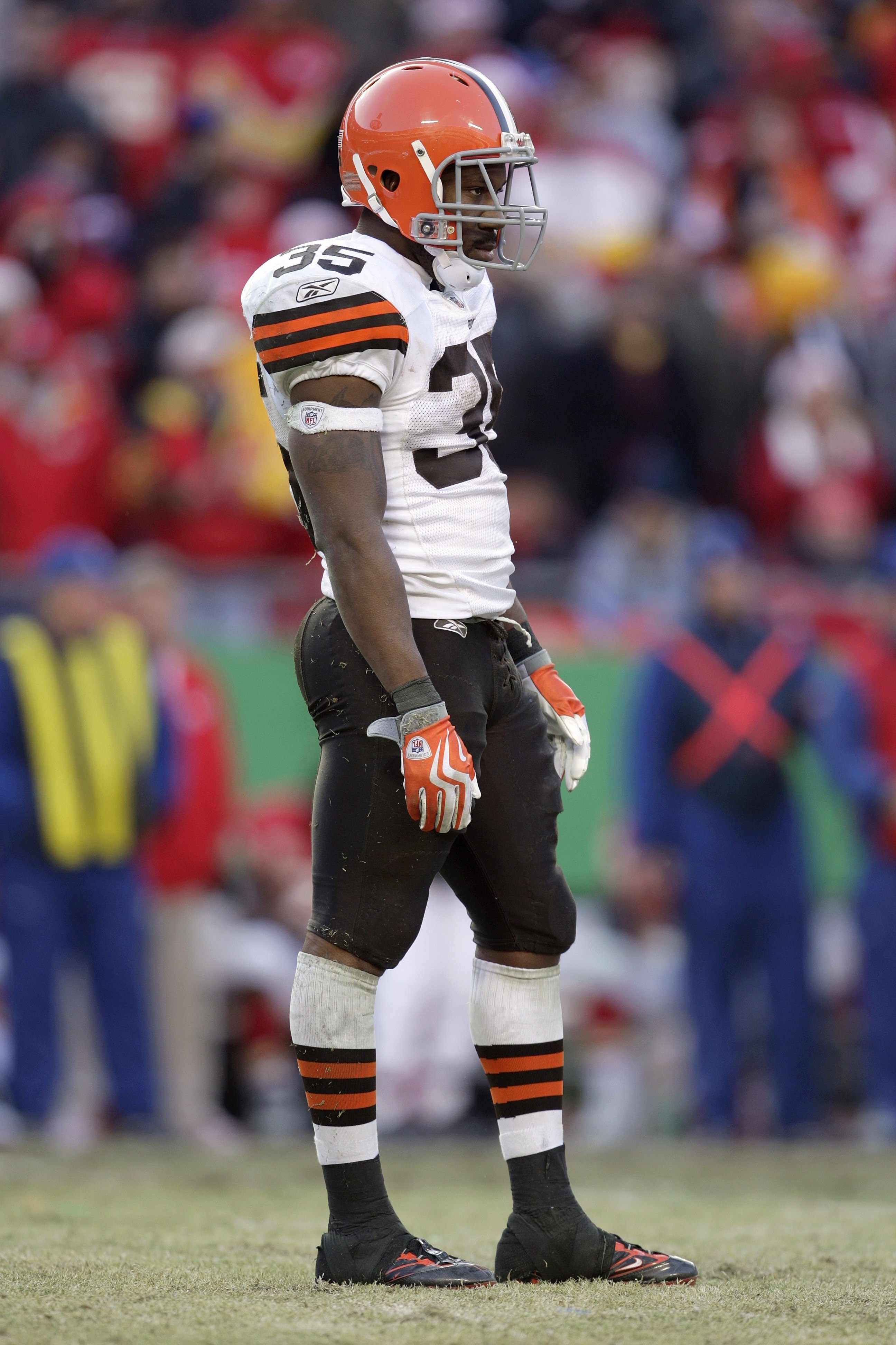 KANSAS CITY, MO - DECEMBER 20:  Jerome Harrison #35 of the Cleveland Browns looks on during their NFL game against the Kansas City Chiefs on December 20, 2009 at Arrowhead Stadium in Kansas City, Missouri. The Browns defeated the Chiefs 41-34. (Photo by J
