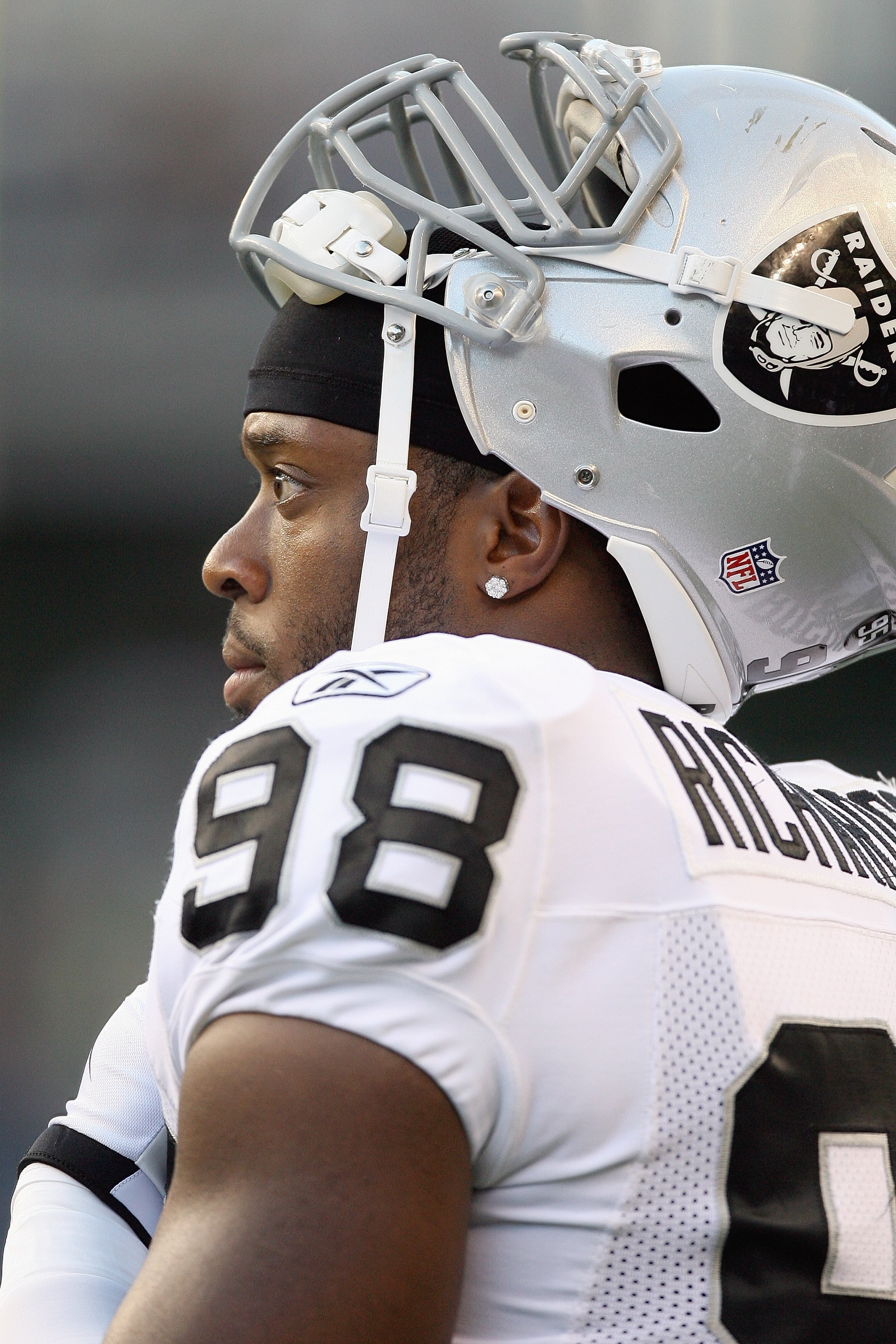 SEATTLE - SEPTEMBER 03:  Jay Richardson #98 of the Oakland Raiders looks on from the sidelines during the game against the Seattle Seahawks on September 3, 2009 at Qwest Field in Seattle, Washington. (Photo by Otto Greule Jr/Getty Images)