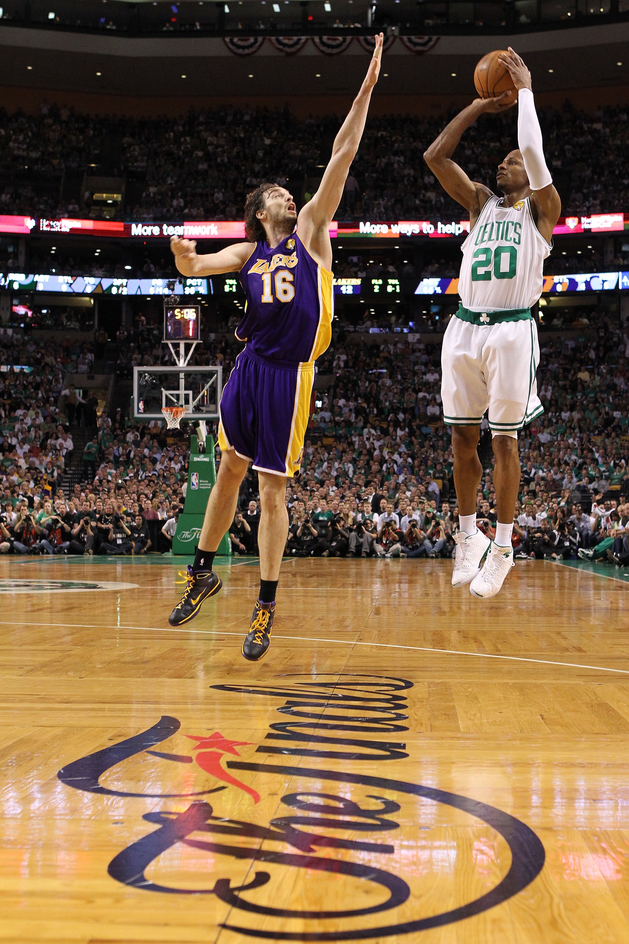 BOSTON - JUNE 10:  Ray Allen #20 of the Boston Celltics attempts a shot against Pau Gasol #16 of the Los Angeles Lakers during Game Four of the 2010 NBA Finals on June 10, 2010 at TD Garden in Boston, Massachusetts. NOTE TO USER: User expressly acknowledg