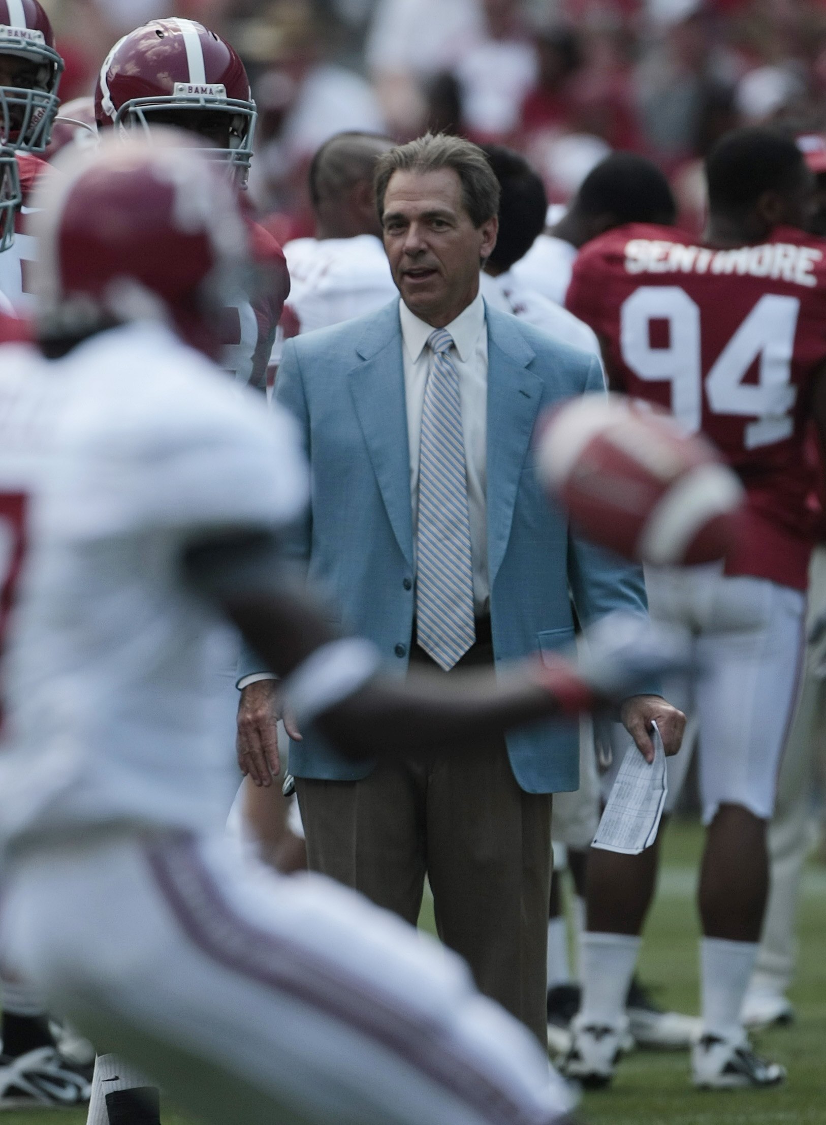 TUSCALOOSA, AL - APRIL 17:  Coach Nick Saban of the Alabama Crimson Tide watches during the Alabama spring game at Bryant Denny Stadium on April 17, 2010 in Tuscaloosa, Alabama. (Photo by Dave Martin/Getty Images)