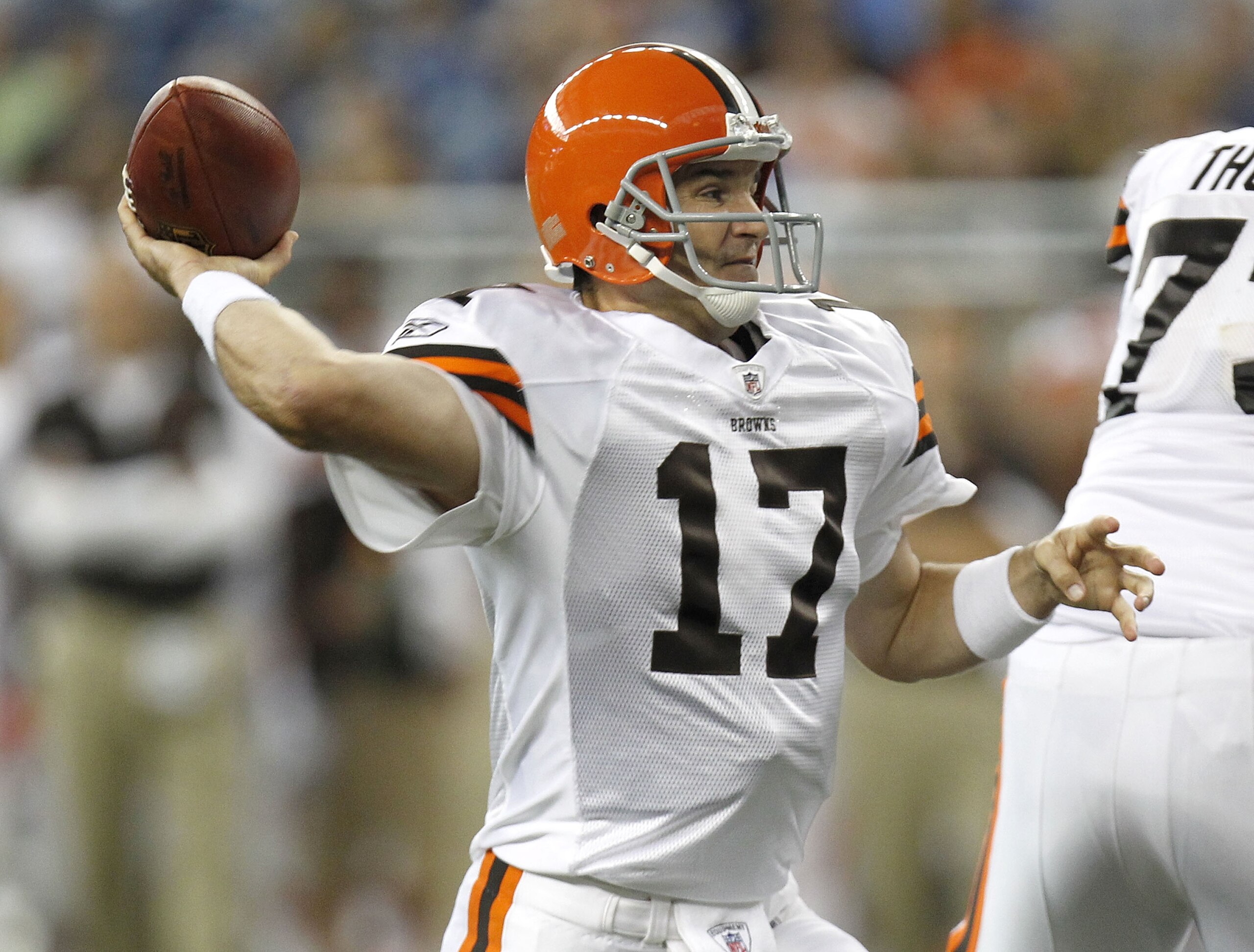 DETROIT - AUGUST 28:  Jake Delhomme #17 of the Cleveland Browns throws a first quarter pass while playing the Detroit Lions during preseason game on August 28, 2010 at Ford Field in Detroit, Michigan.  (Photo by Gregory Shamus/Getty Images)