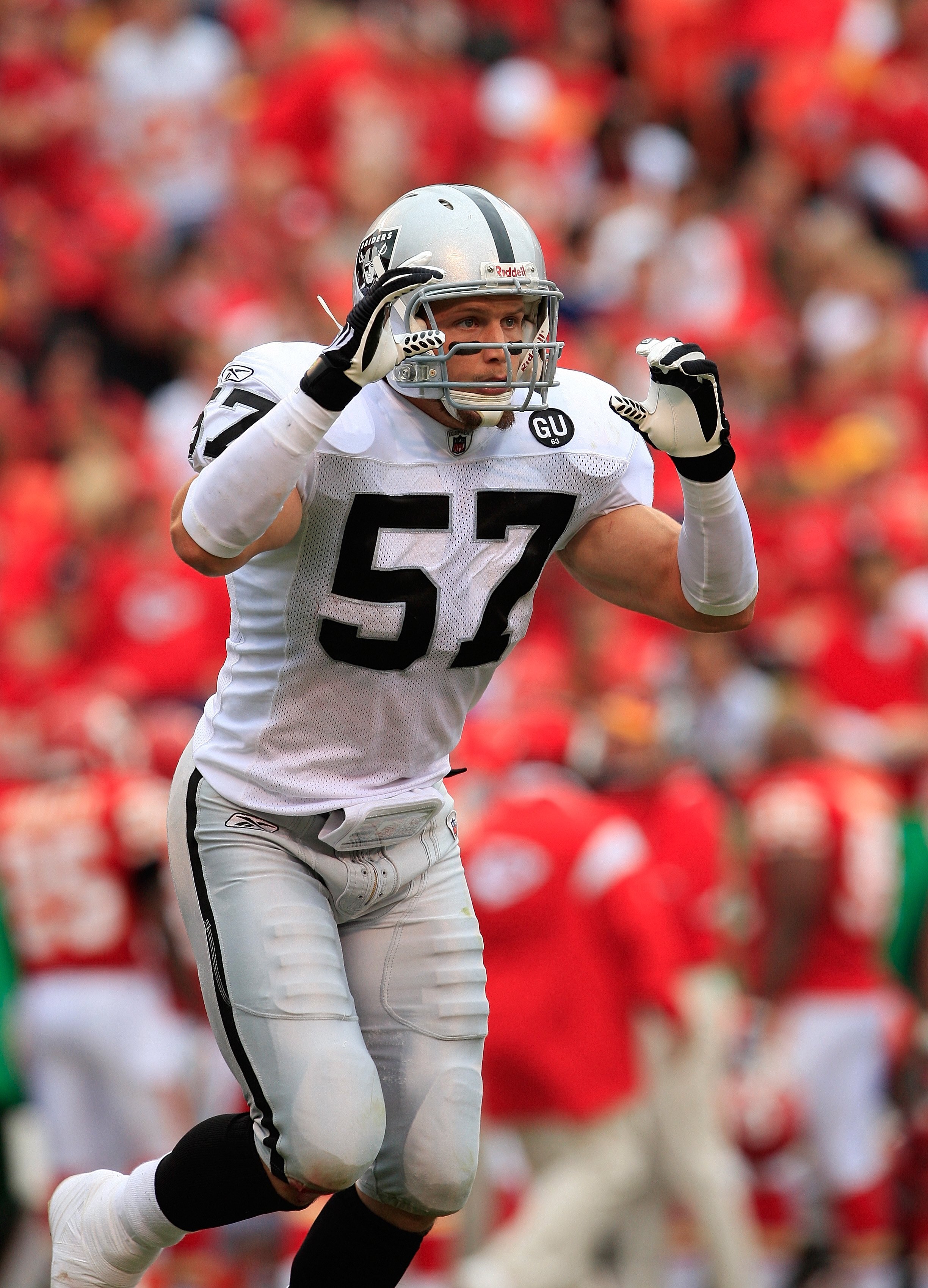 KANSAS CITY, MO - SEPTEMBER 14:  Ricky Brown #57 of the Oakland Raiders looks on during their NFL game against the Kansas City Chiefs at Arrowhead Stadium on September 14, 2008 in Kansas City, Missouri. The Raiders defeated the Chiefs 23-8. (Photo by Jami