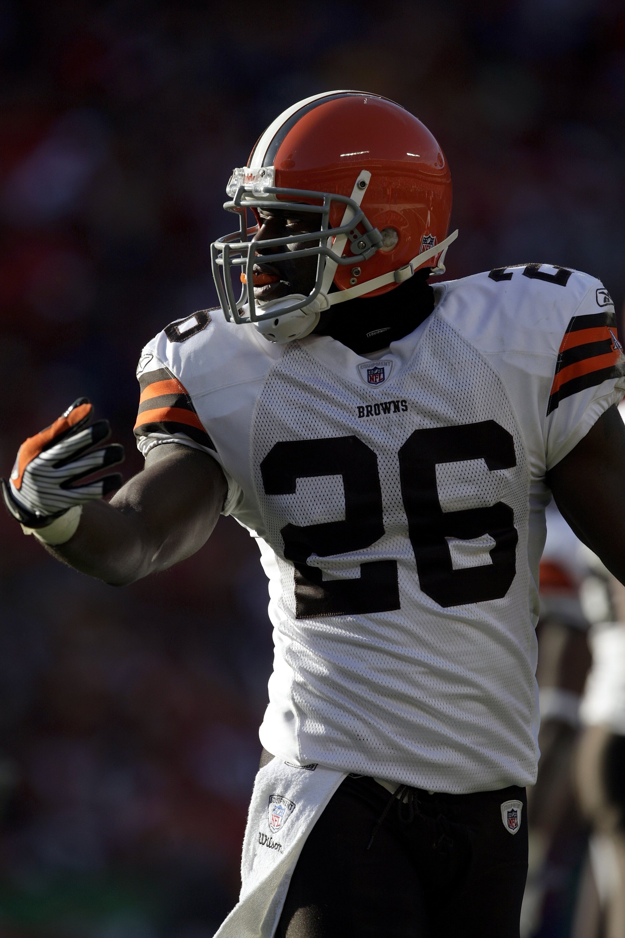 KANSAS CITY, MO - DECEMBER 20:  Abram Elam #26 of the Cleveland Browns looks on during their NFL game against the Kansas City Chiefs on December 20, 2009 at Arrowhead Stadium in Kansas City, Missouri. The Browns defeated the Chiefs 41-34. (Photo by Jamie