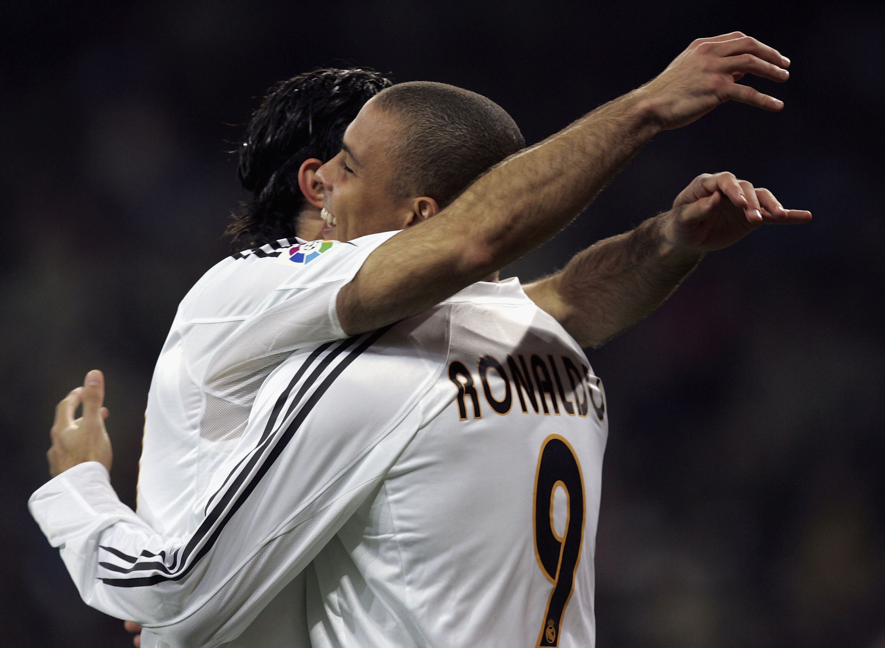 MADRID, SPAIN - NOVEMBER 14:  Real Madrid?s  Ronaldo celebrates with Luis Figo after scoring a goal in a Primera Liga soccer match against Albacete on November 14, 2004 at the Bernabeu stadium in Madrid, Spain. (Photo by Denis Doyle/Getty Images)