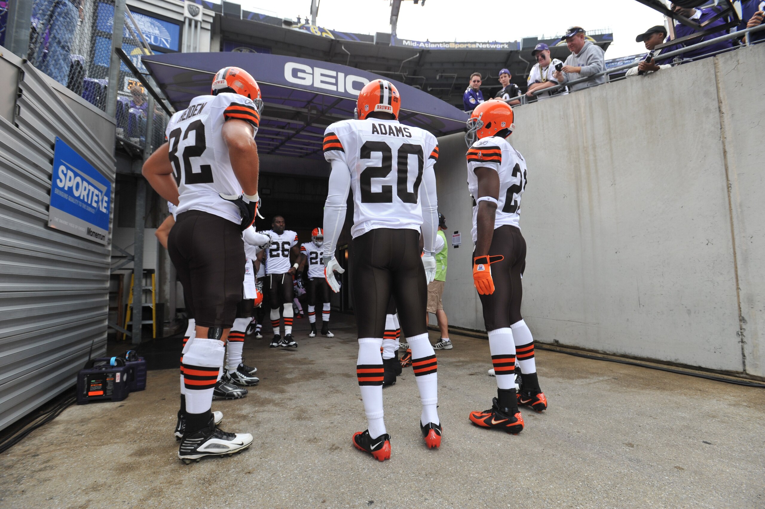 BALTIMORE - SEPTEMBER 27:  Mike Adams #20 of the Cleveland Browns prepares to take the field against the Baltimore Ravens at M&T Bank Stadium on September 27, 2009 in Baltimore, Maryland. The Ravens defeated the Browns 34-3. (Photo by Larry French/Getty I
