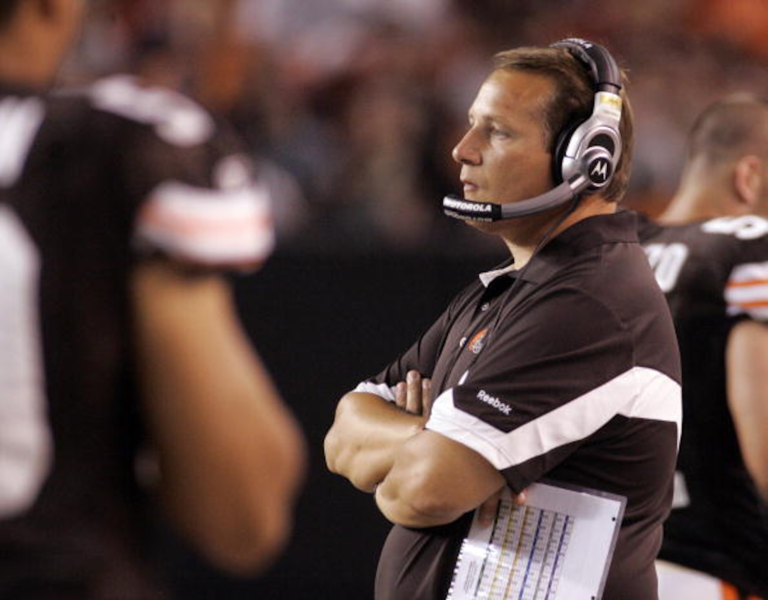 CLEVELAND - SEPTEMBER 2:  Cleveland Browns head coach Eric Mangini looks on during the preseason game against the Chicago Bears on September 2, 2010 at Cleveland Browns Stadium in Cleveland, Ohio. The Browns defeated the Bears 13-10.  (Photo by Justin K.