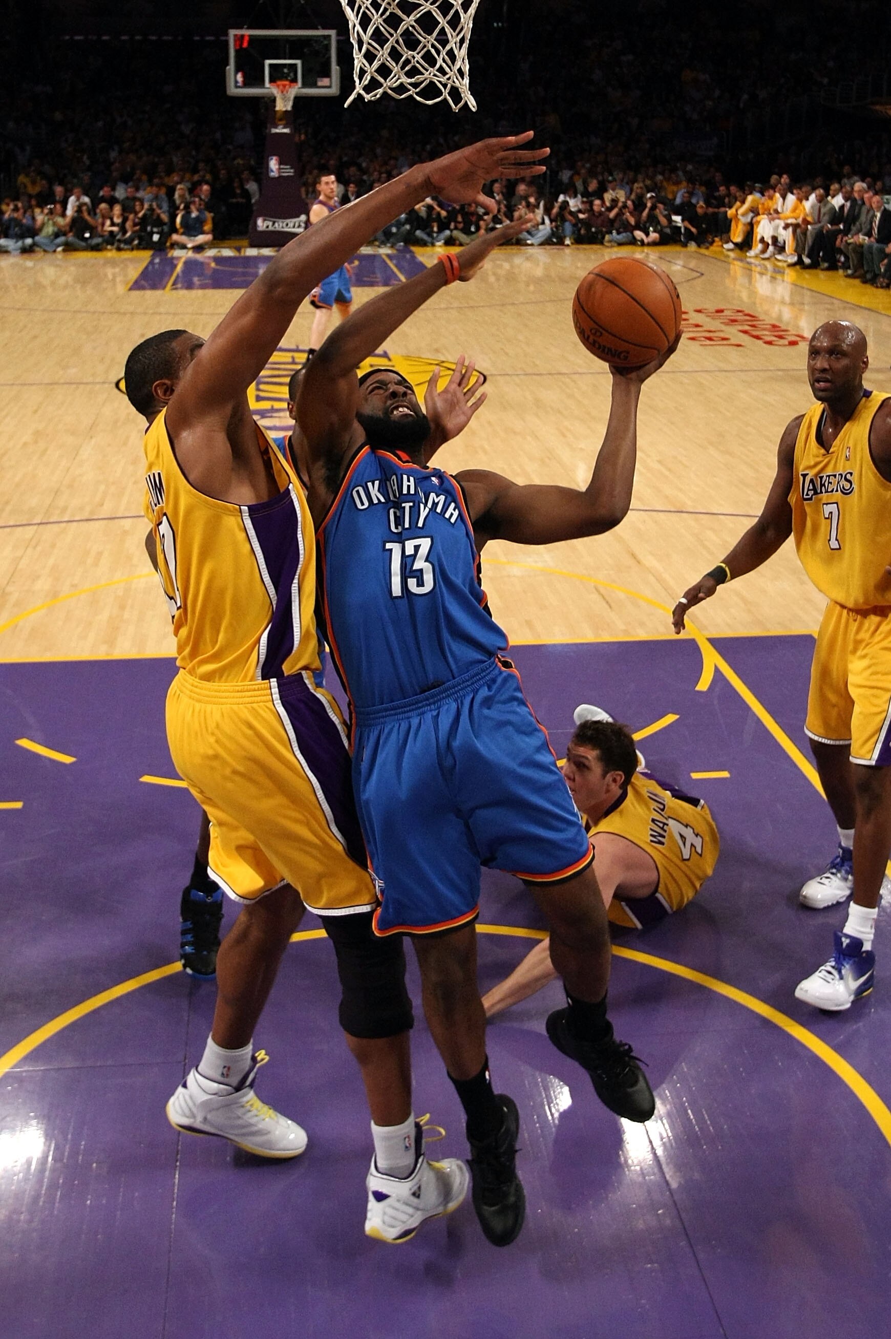 LOS ANGELES, CA - APRIL 27:  James Harden#13 of the Oklahoma City Thunder goes up for a shot against Andrew Bynum #17 of the Los Angeles Lakers in the first half during Game Two of the Western Conference Quarterfinals of the 2010 NBA Playoffs at Staples C
