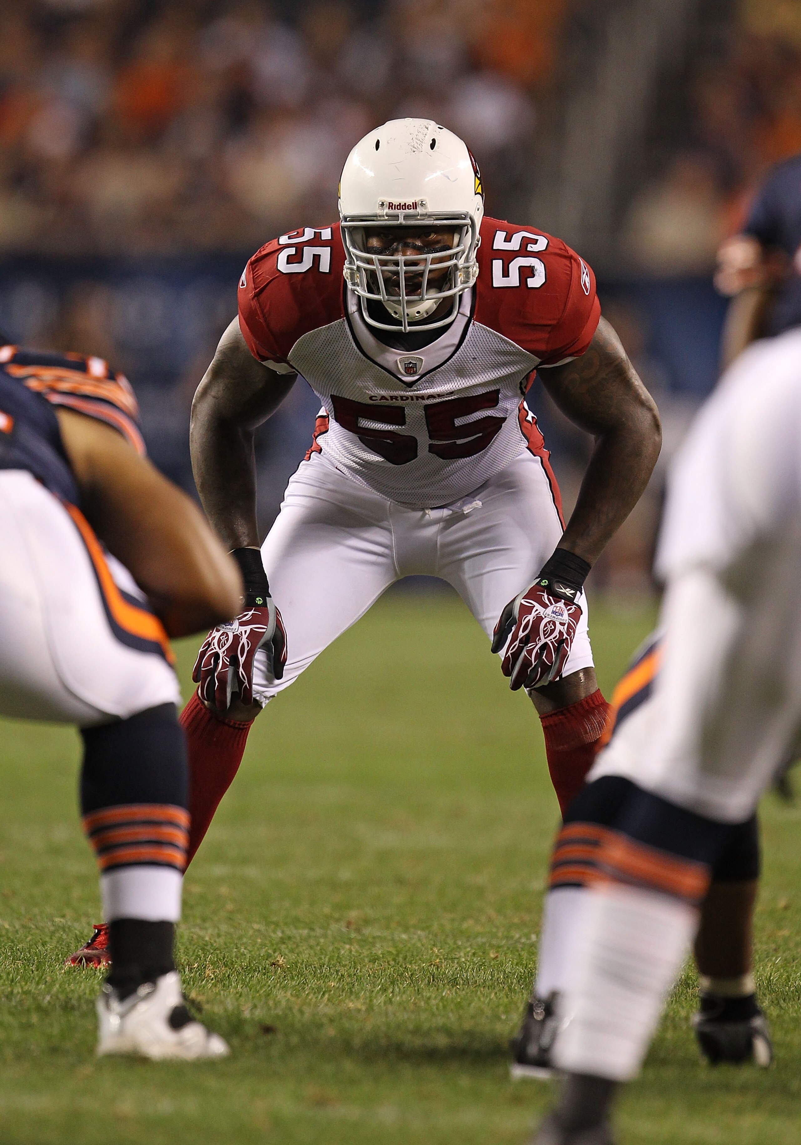 CHICAGO - AUGUST 28: Joey Porter #55 of the Arizona Cardinals awaits the start of play during a preseason game against the Chicago Bears at Soldier Field on August 28, 2010 in Chicago, Illinois. The Cardinals defeated the Bears 14-9. (Photo by Jonathan Da