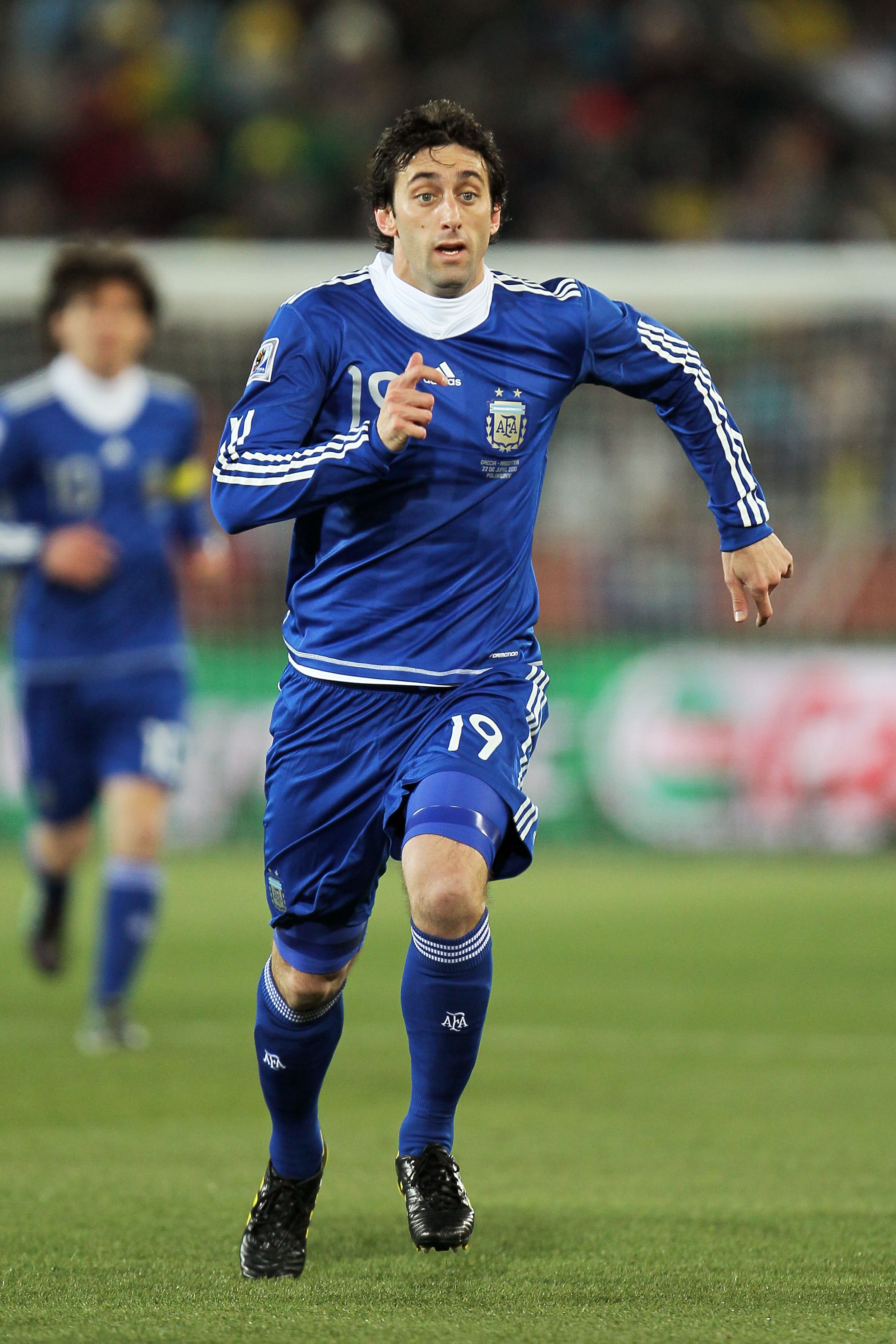 POLOKWANE, SOUTH AFRICA - JUNE 22:  Diego Milito of Argentina in action during the 2010 FIFA World Cup South Africa Group B match between Greece and Argentina at Peter Mokaba Stadium on June 22, 2010 in Polokwane, South Africa.  (Photo by Chris McGrath/Ge