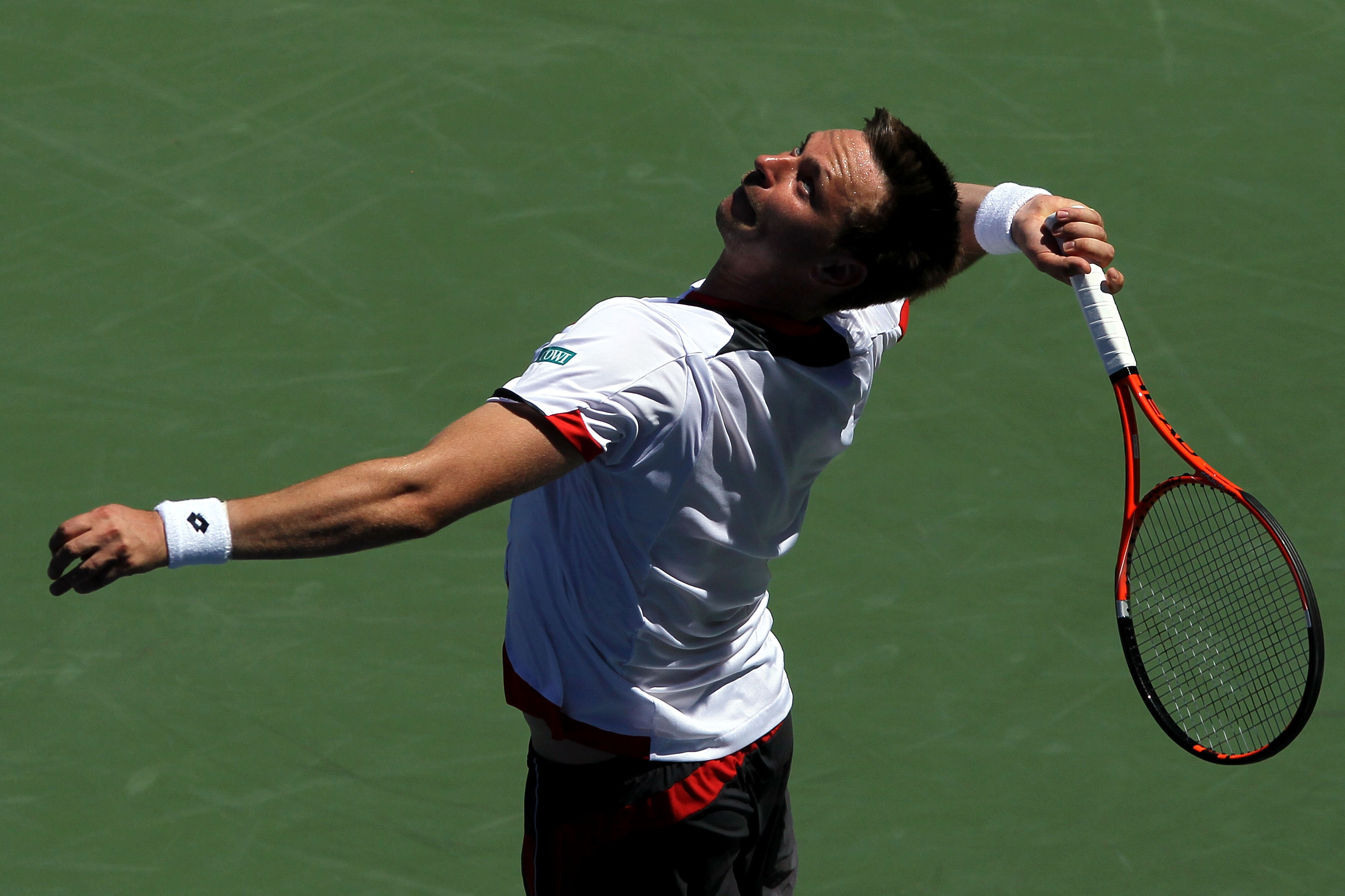NEW YORK - AUGUST 30:  Robin Soderling of Sweden serves against Andreas Haider-Maurer of Austria during the Men's Singles first round match on day one of the 2010 U.S. Open at the USTA Billie Jean King National Tennis Center on August 30, 2010 in the Flus