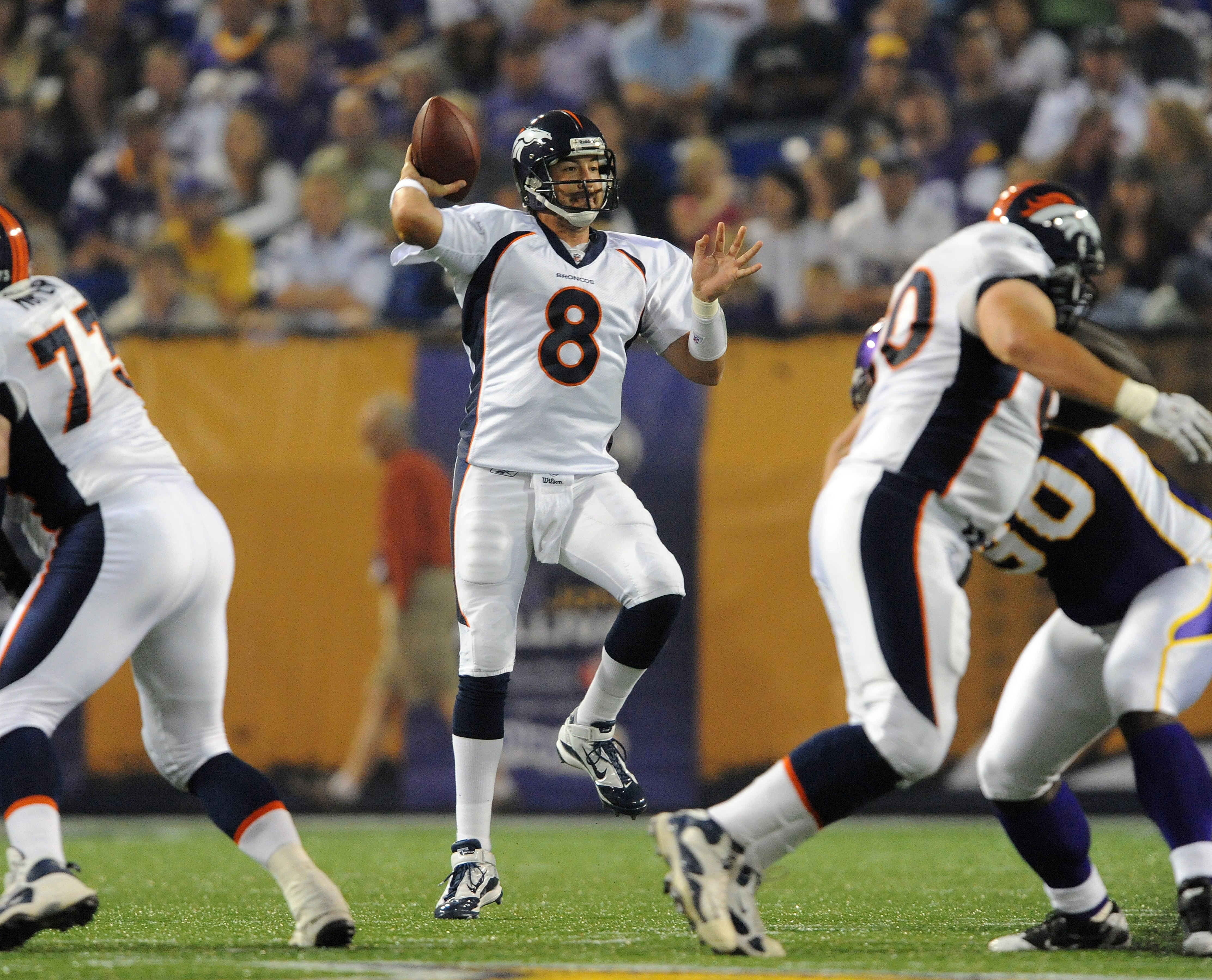 MINNEAPOLIS - SEPTEMBER 2: Kyle Orton #8 of the Denver Broncos passes the ball during an NFL preseason game against the Minnesota Vikings at the Mall of America Field at Hubert H. Humphrey Metrodome, on September 2, 2010 in Minneapolis, Minnesota. (Phot MINNEAPOLIS - SEPTEMBER 2: Kyle Orton #8 of the Denver Broncos passes the ball during an NFL preseason game against the Minnesota Vikings at the Mall of America Field at Hubert H. Humphrey Metrodome, on September 2, 2010 in Minneapolis, Minnesota. (Phot