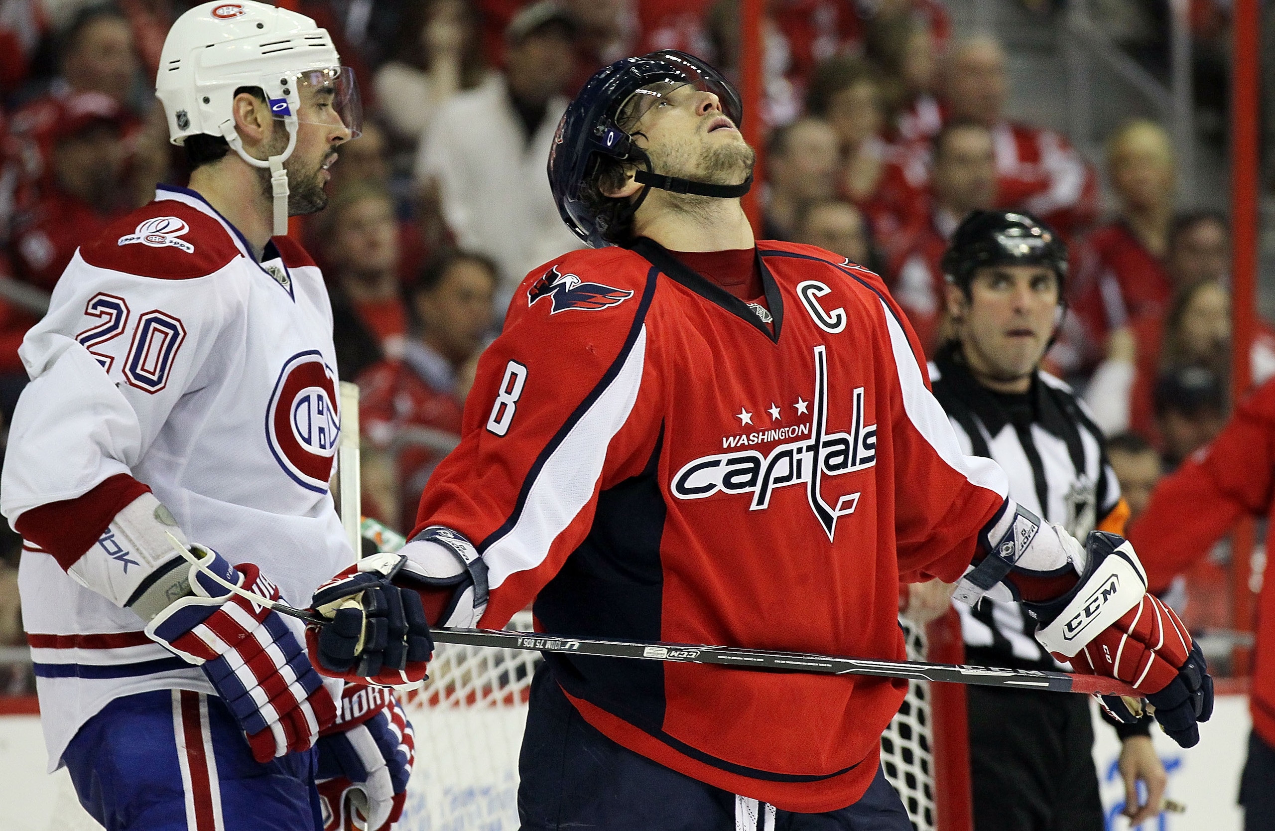 WASHINGTON DC, DC - APRIL 23:  Alex Ovechkin #8 of the Washington Capitals reacts after missing a scoring chance in the third period against the Montreal Canadiens in Game Five of the Eastern Conference Quarterfinals during the 2010 NHL Stanley Cup Playof