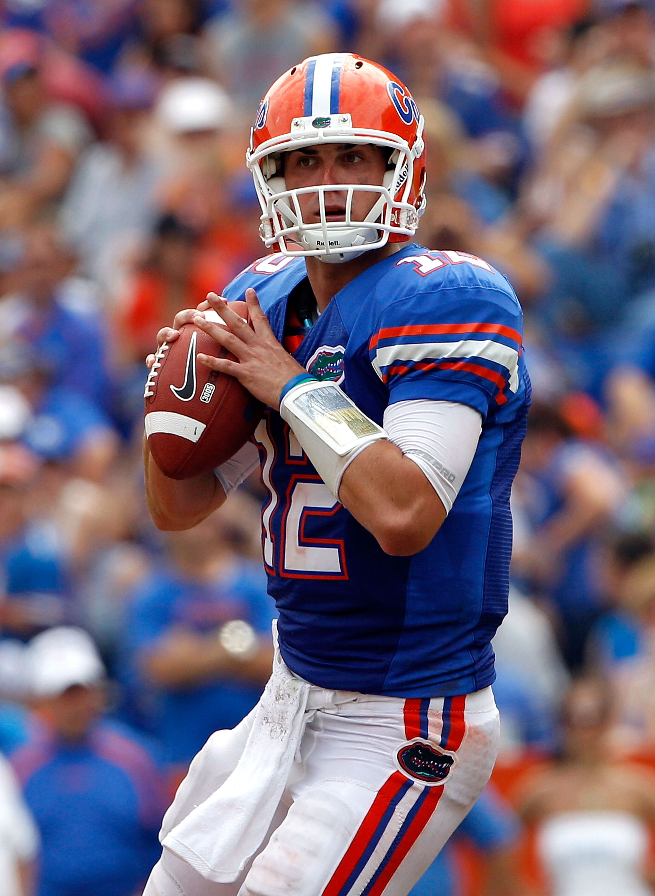 GAINESVILLE, FL - SEPTEMBER 04:  Quarterback John Brantley #12 of the Florida Gators attempts a pass against the Miami University RedHawks at Ben Hill Griffin Stadium on September 4, 2010 in Gainesville, Florida.  (Photo by Sam Greenwood/Getty Images)
