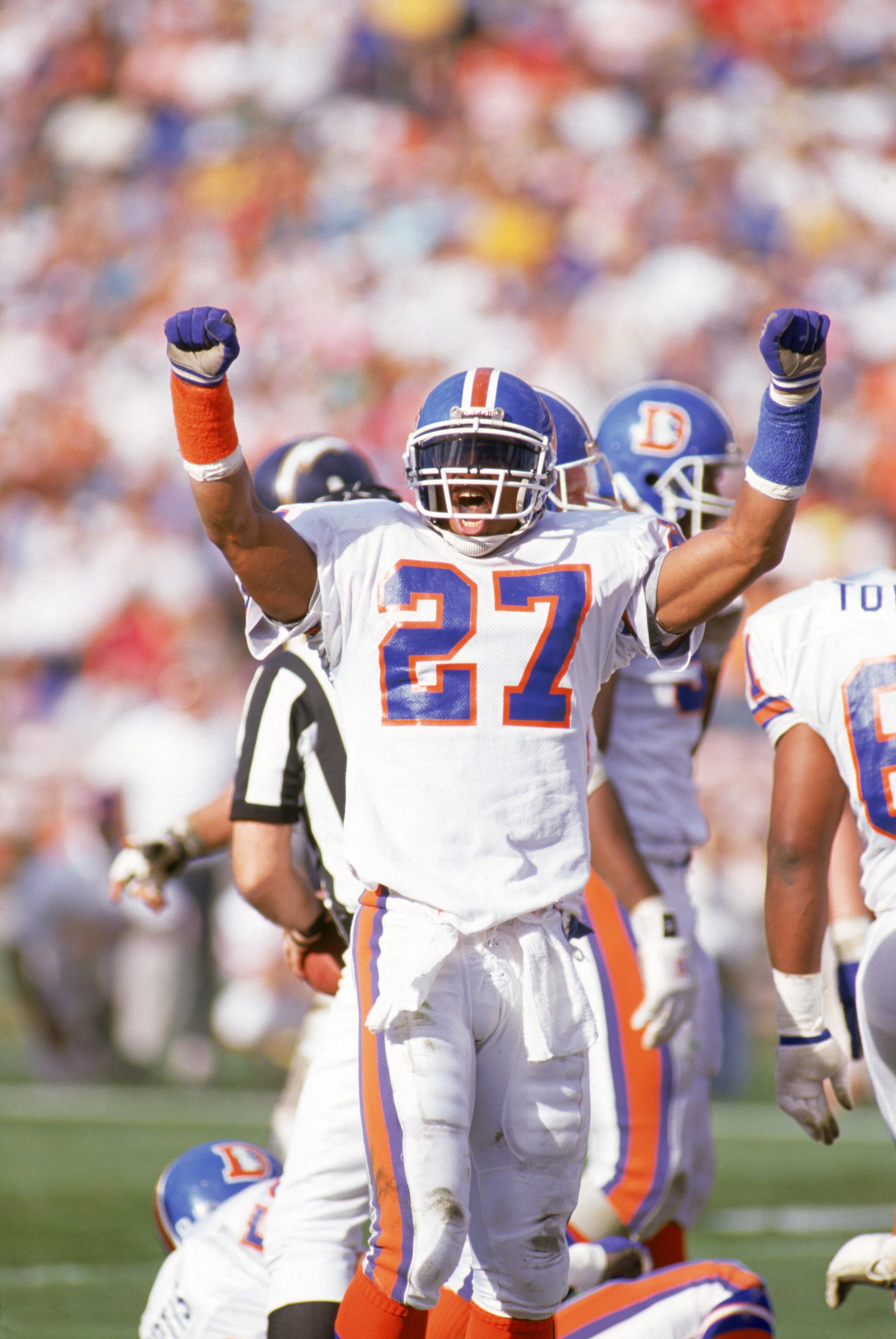 SAN DIEGO - DECEMBER 24:  Full safety Steve Atwater #27 of the Denver Broncos celebrates during a game against the San Diego Chargers at Jack Murphy Stadium on December 24, 1989 in San Diego, California.  The Chargers won 19-16.  (Photo by George Rose/Get