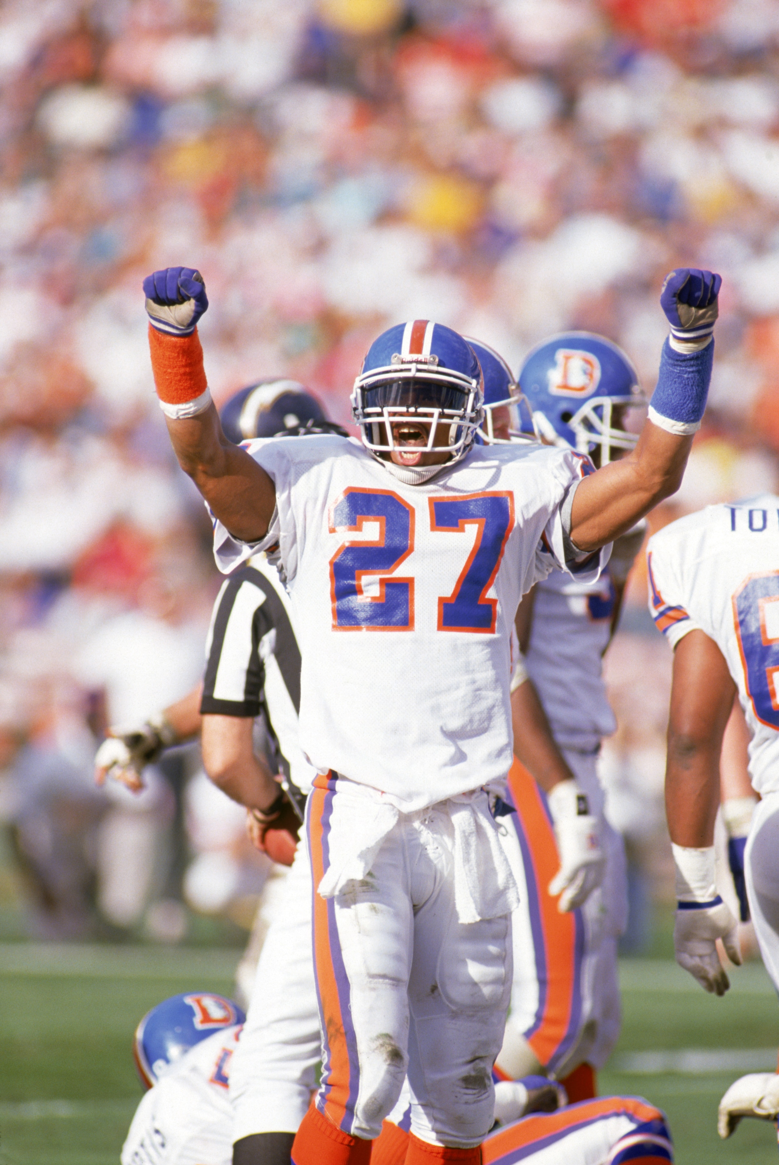 SAN DIEGO - DECEMBER 24: Full safety Steve Atwater #27 of the Denver Broncos celebrates during a game against the San Diego Chargers at Jack Murphy Stadium on December 24, 1989 in San Diego, California. The Chargers won 19-16. (Photo by George Rose/Get SAN DIEGO - DECEMBER 24: Full safety Steve Atwater #27 of the Denver Broncos celebrates during a game against the San Diego Chargers at Jack Murphy Stadium on December 24, 1989 in San Diego, California. The Chargers won 19-16. (Photo by George Rose/Get