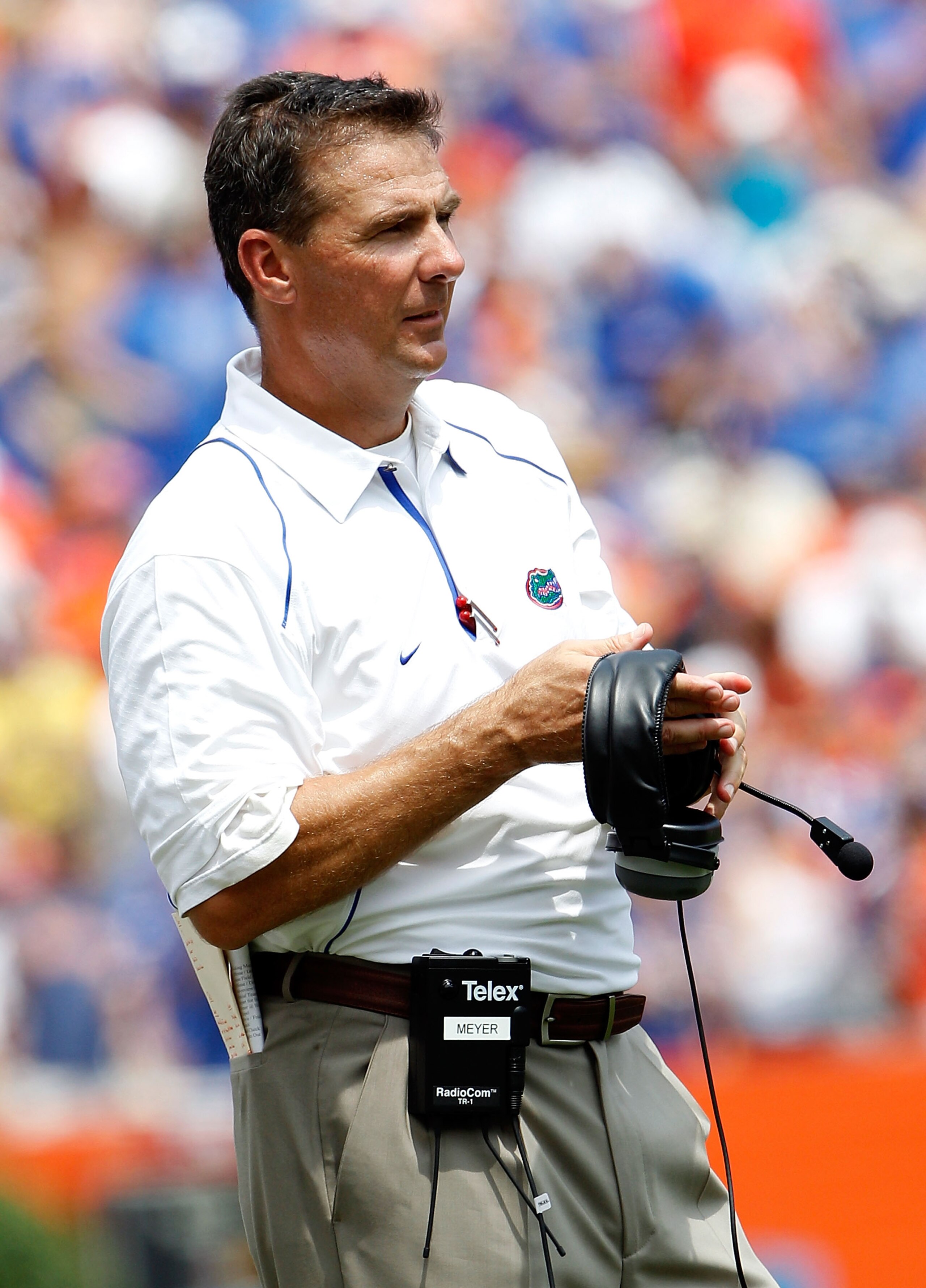 GAINESVILLE, FL - SEPTEMBER 04:  Head coach Urban Meyer of the Florida Gators watches the action against the Miami University RedHawks at Ben Hill Griffin Stadium on September 4, 2010 in Gainesville, Florida.  (Photo by Sam Greenwood/Getty Images)