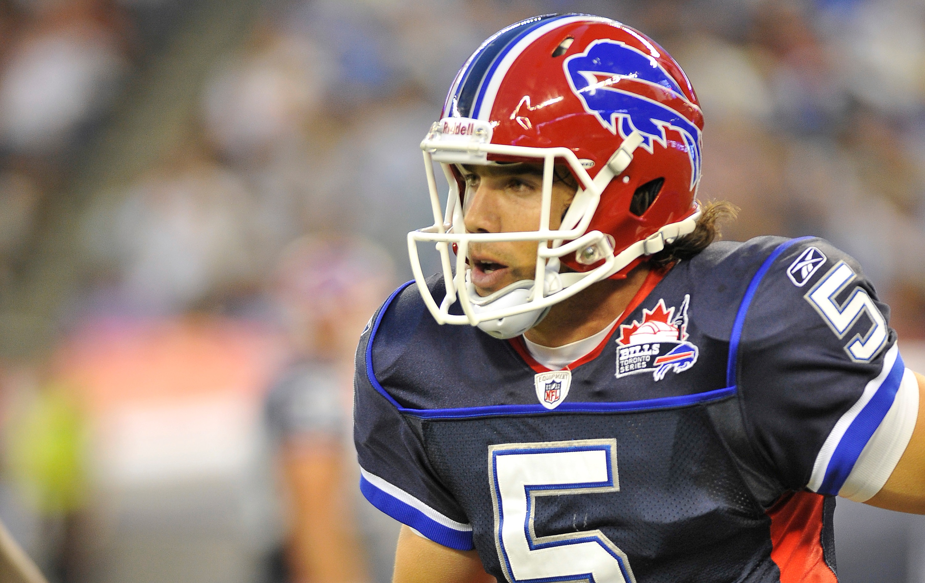 TORONTO, CANADA - AUGUST 19: Trent Edwards #5 of the Buffalo Bills looks on during a break in game action against the Indianapolis Colts on August 19, 2010 at the Rogers Centre in Toronto, Ontario, Canada. (Photo by Brad White/Getty Images)